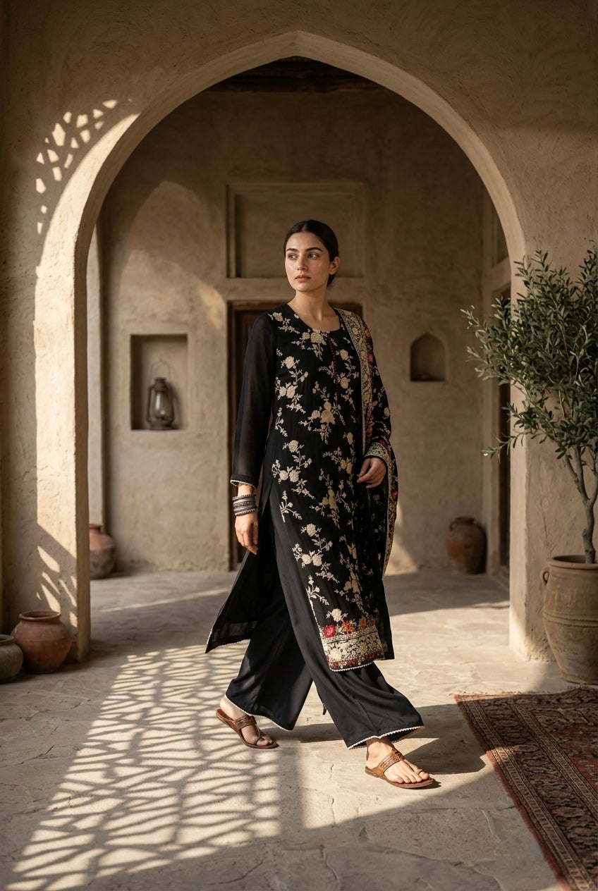 Black Floral Embroidered Georgette Suit Set