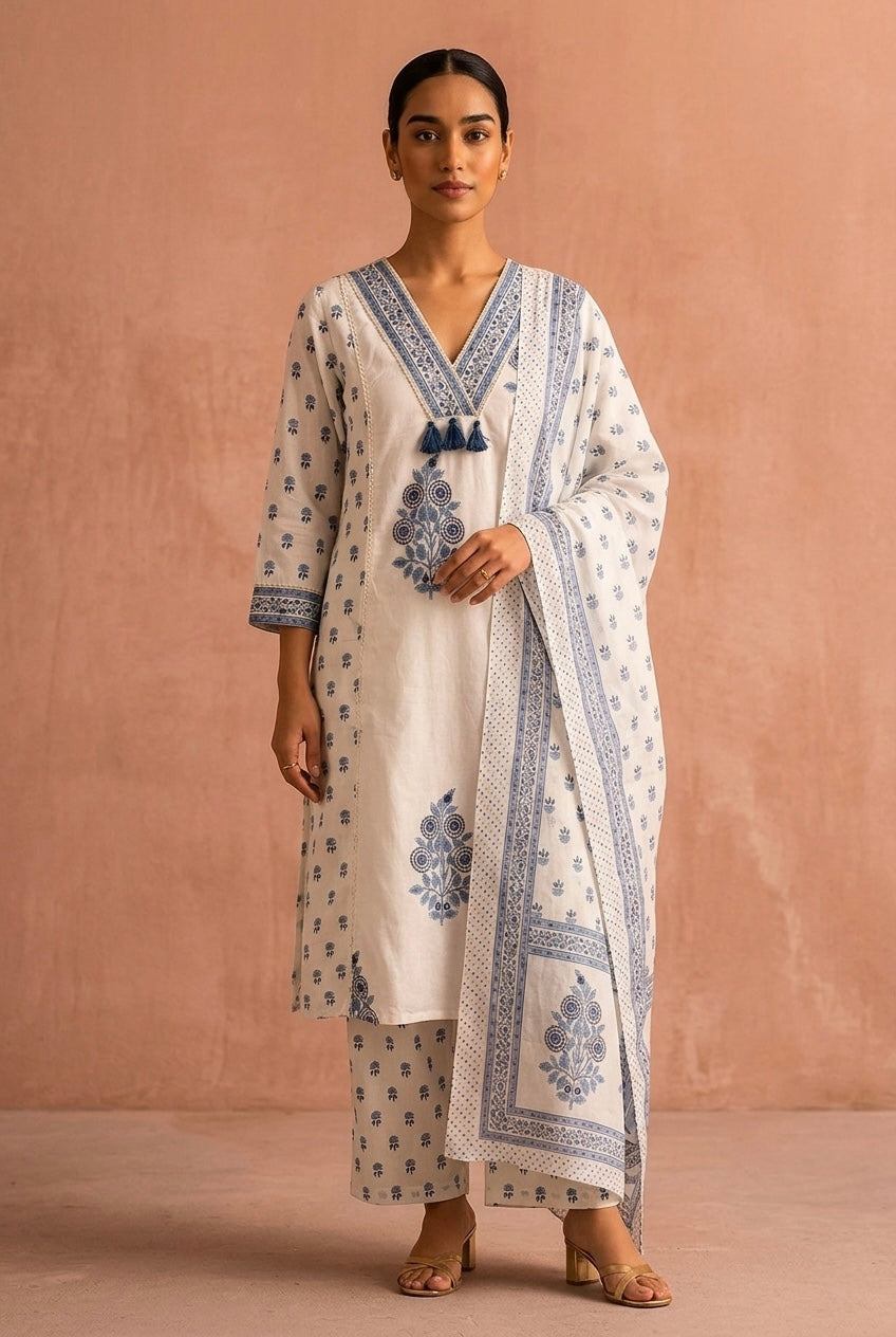 Ivory Blue Floral Printed A-Line Suit Set | HER-716