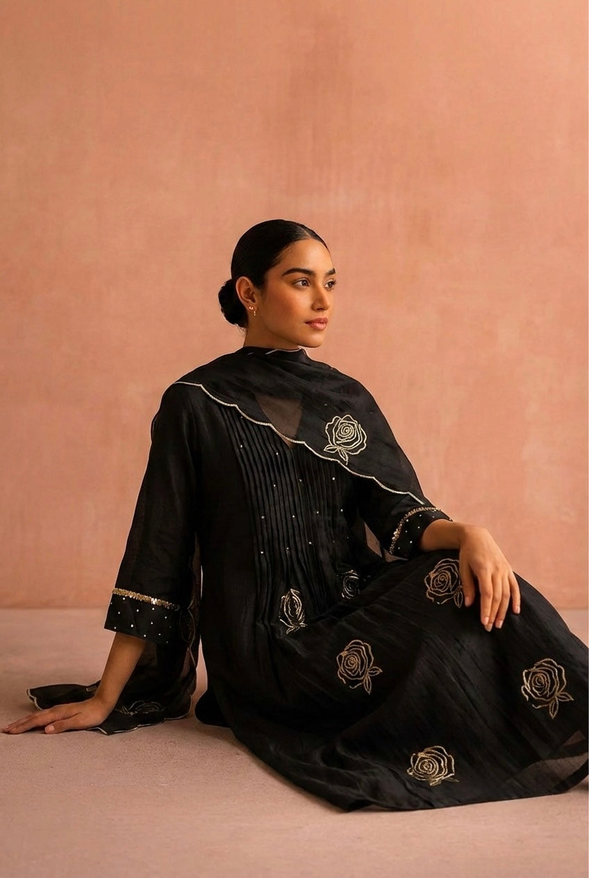 Black Rose Pintuck Palazzo Set with Scallop Dupatta | HER-587