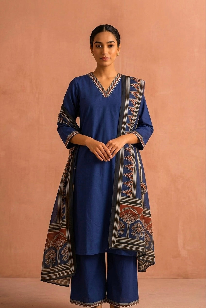 Indigo Blue Classic Cotton Suit Set | HER-682