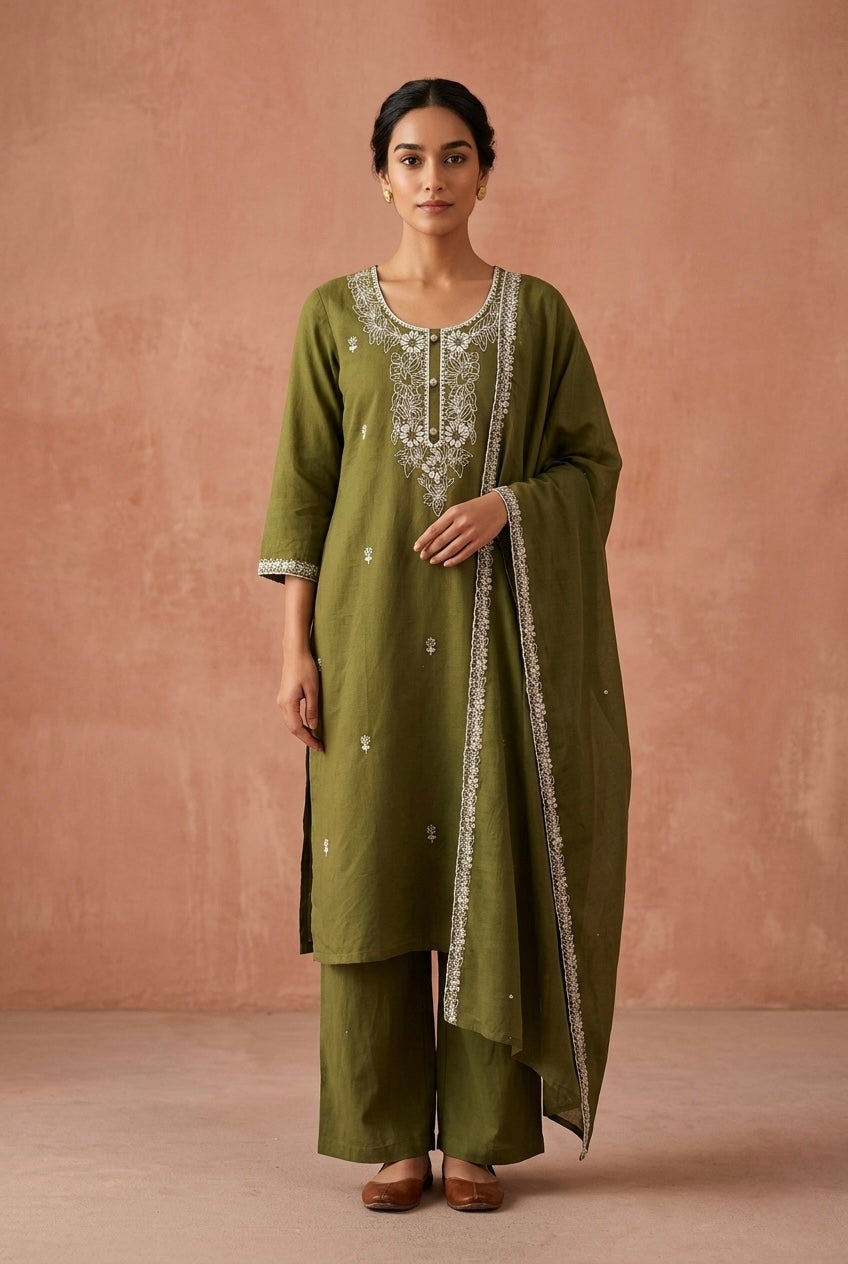 Olive Green Embroidered Cotton Suit Set | HER-686
