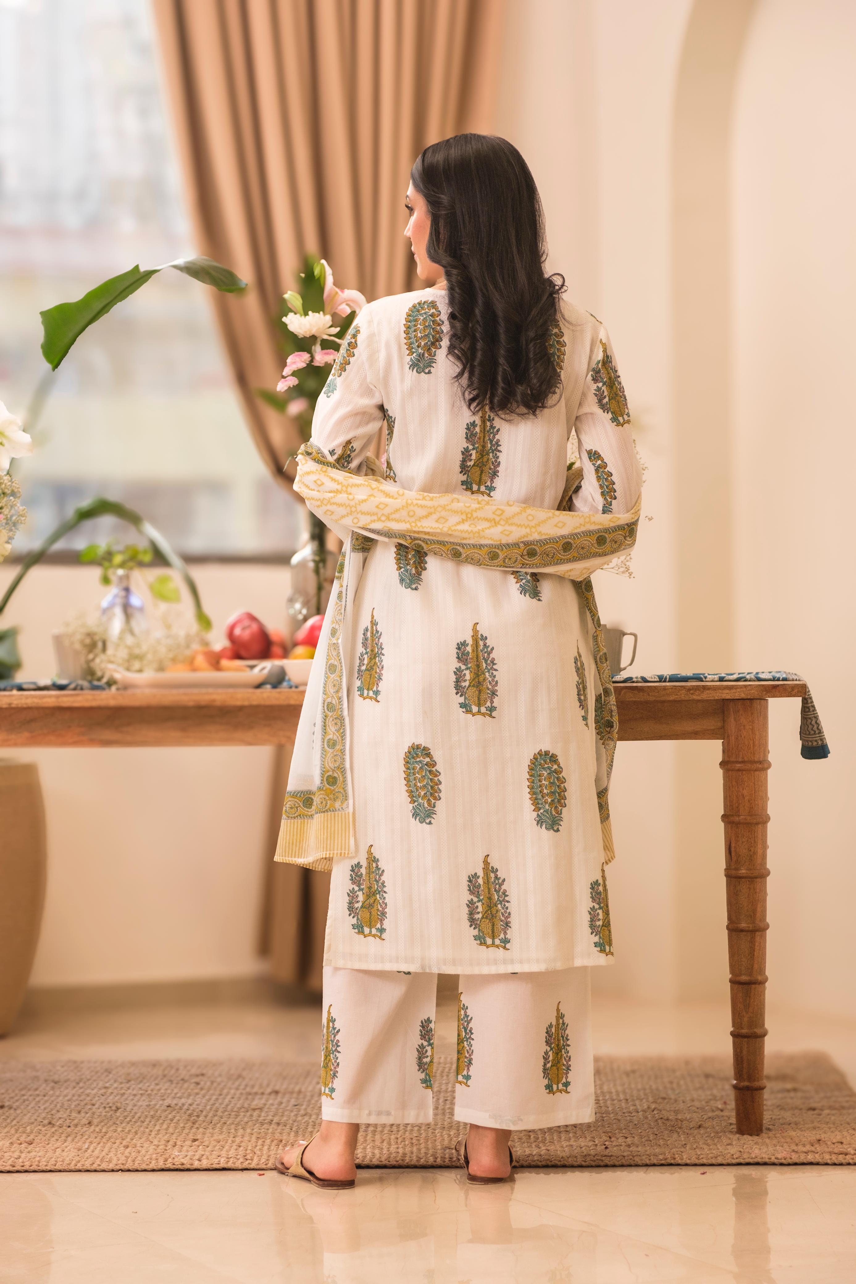 White Paisley Handblock Cotton Suit Set | HER-536