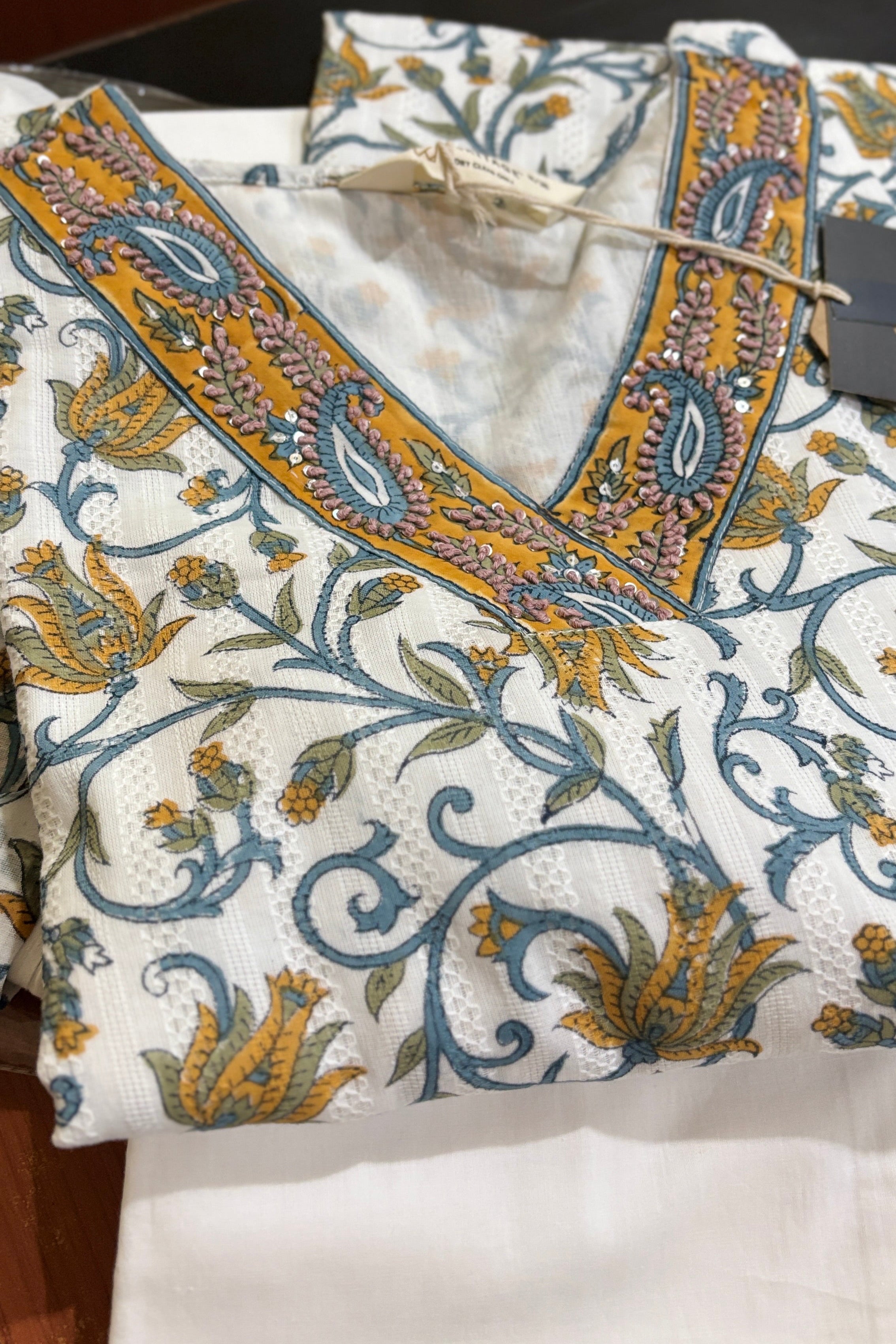 Gulnar Handblock Cotton Suit Set – White & Mustard