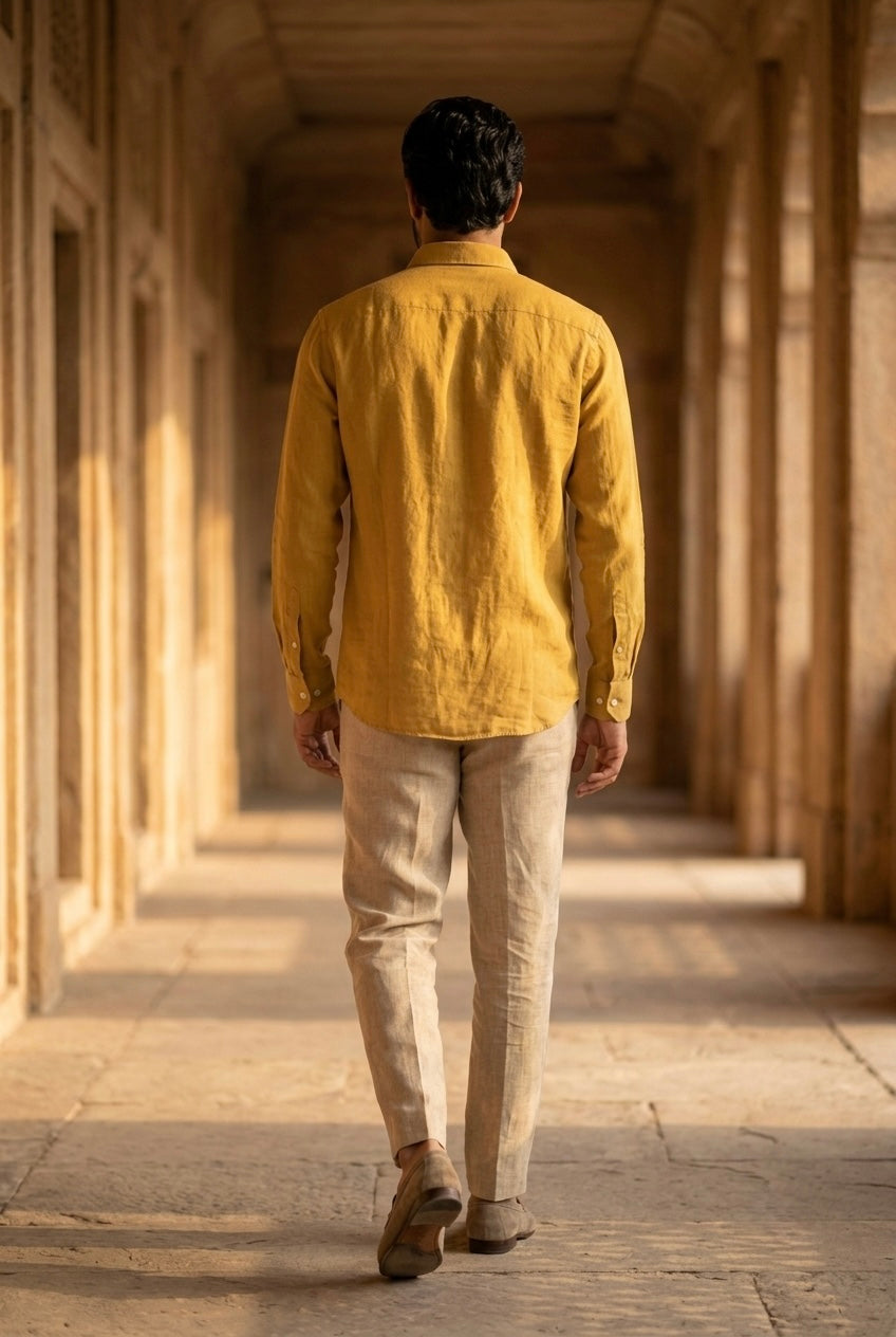 Men’s Mustard Yellow Pure Linen Full Sleeves Shirt