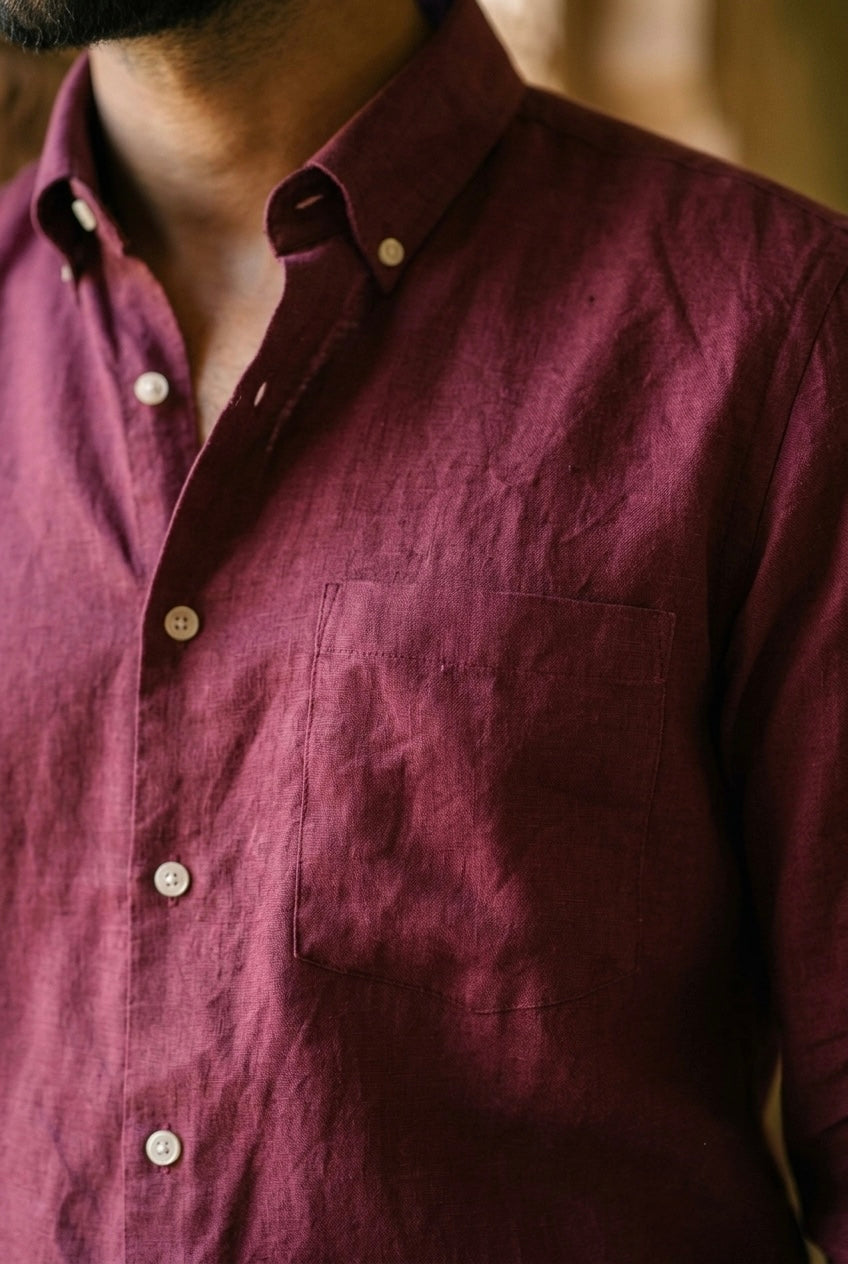 Men’s Wine Pure Linen Full Sleeves Shirt