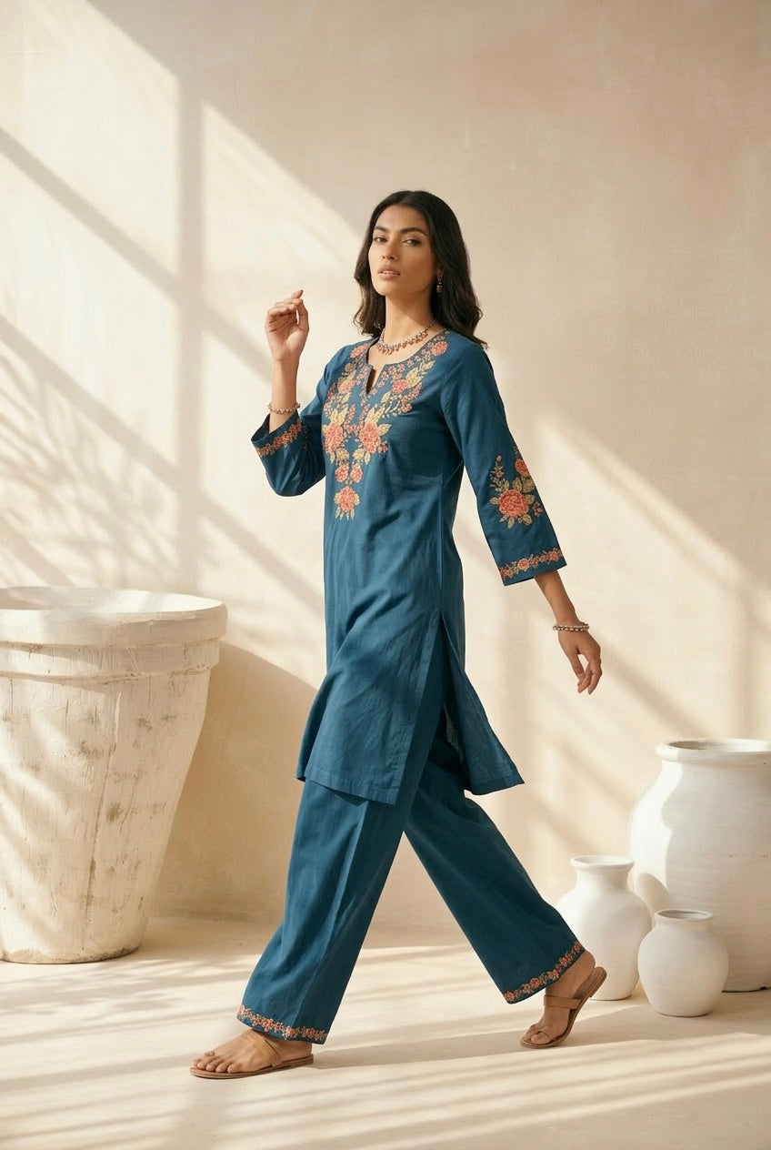 Teal Blue Embroidered Kurta Set | HER-721 x Prachi