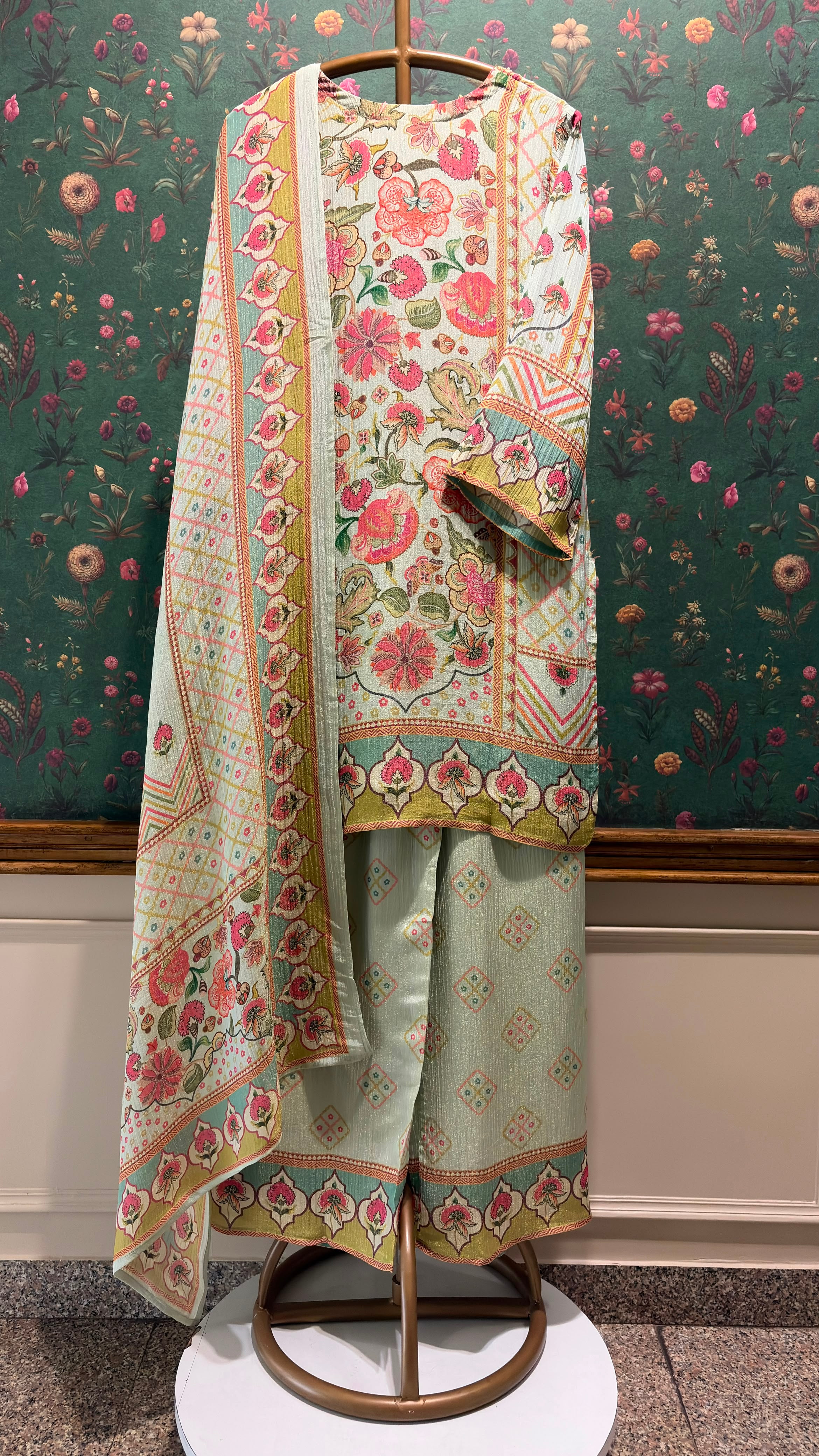 Pastel Green Crushed Tissue Floral Suit Set