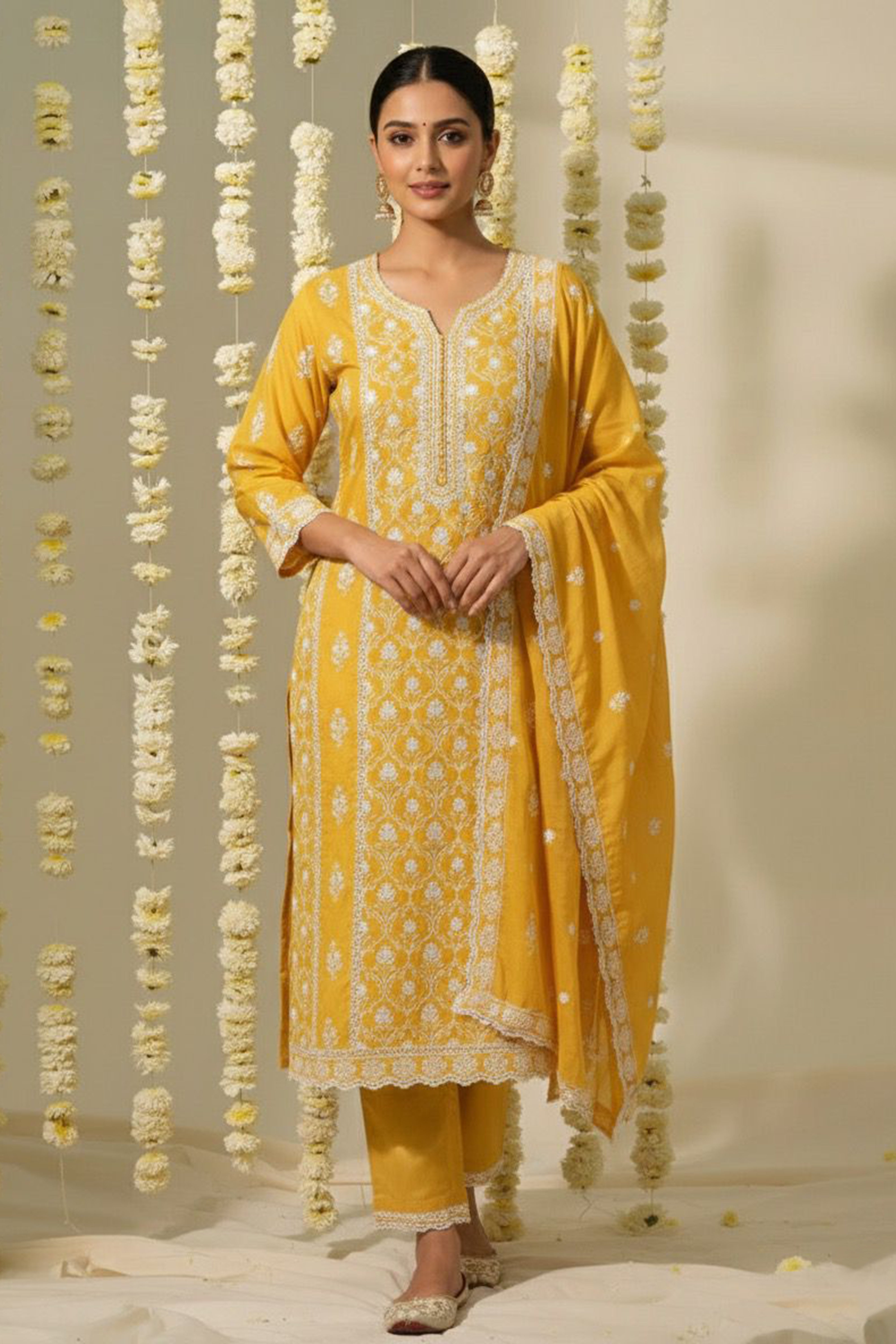 Yellow Cotton A-line Suit Set (With Pants and Dupatta)