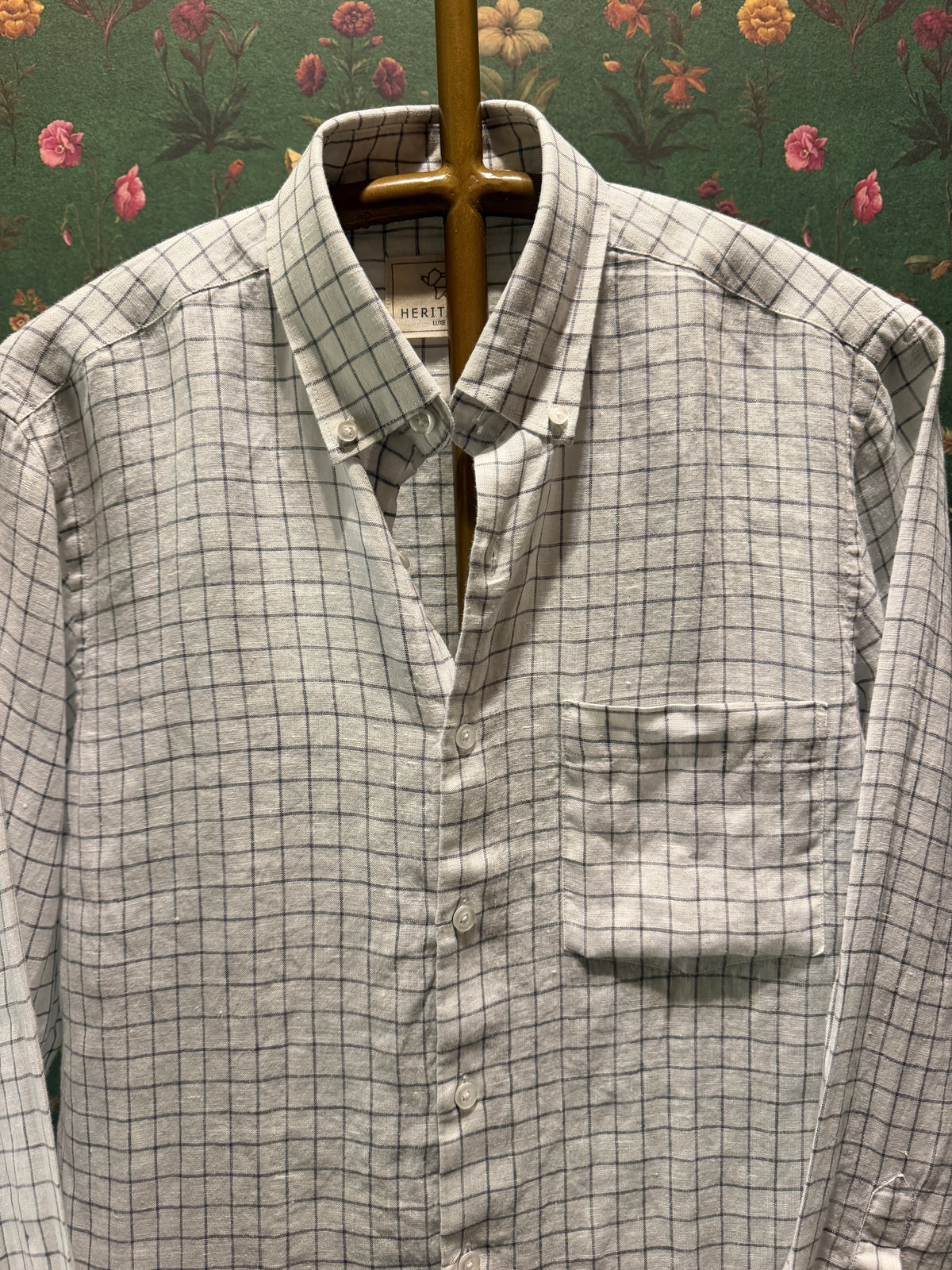 Men’s Ivory Grey Windowpane Check Pure Linen Full Sleeves Shirt