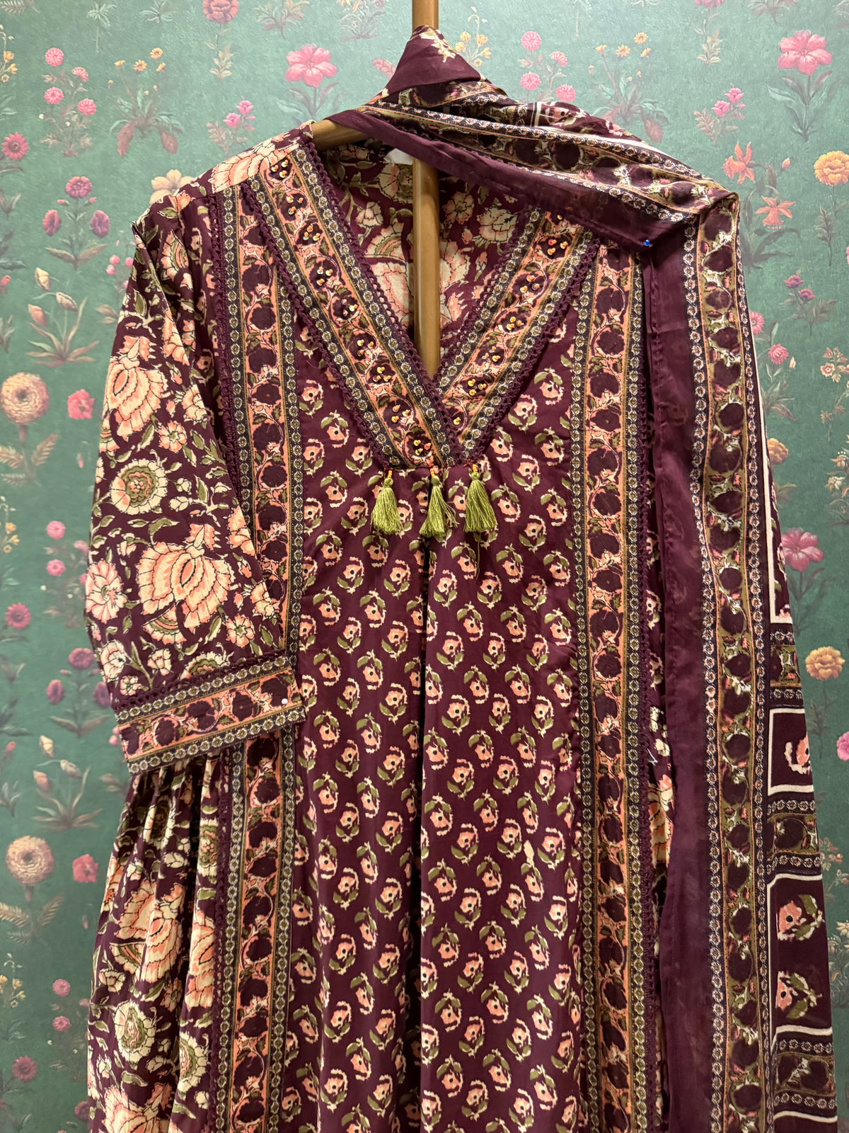 Deep Plum Floral Printed Cotton A-Line Suit Set | HER-714