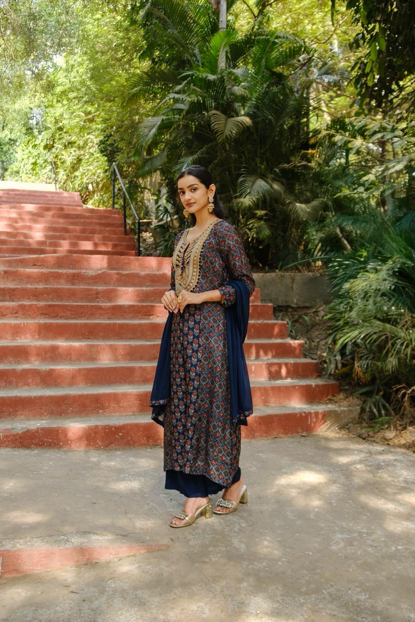 Blue Ajrakh A-Line Chanderi Silk Suit Set | HER-635 x Prachi