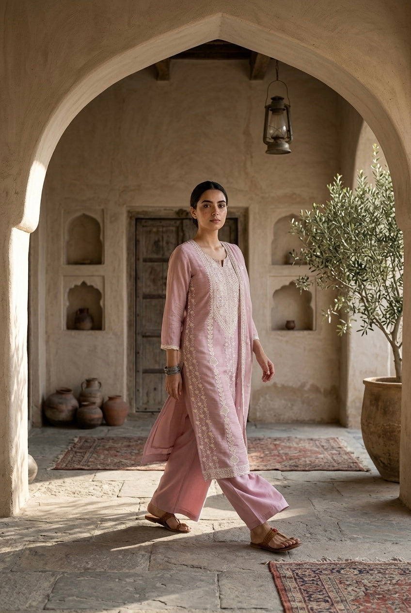 Rose Pink Embroidered Mul-Chanderi Suit Set | HER-786