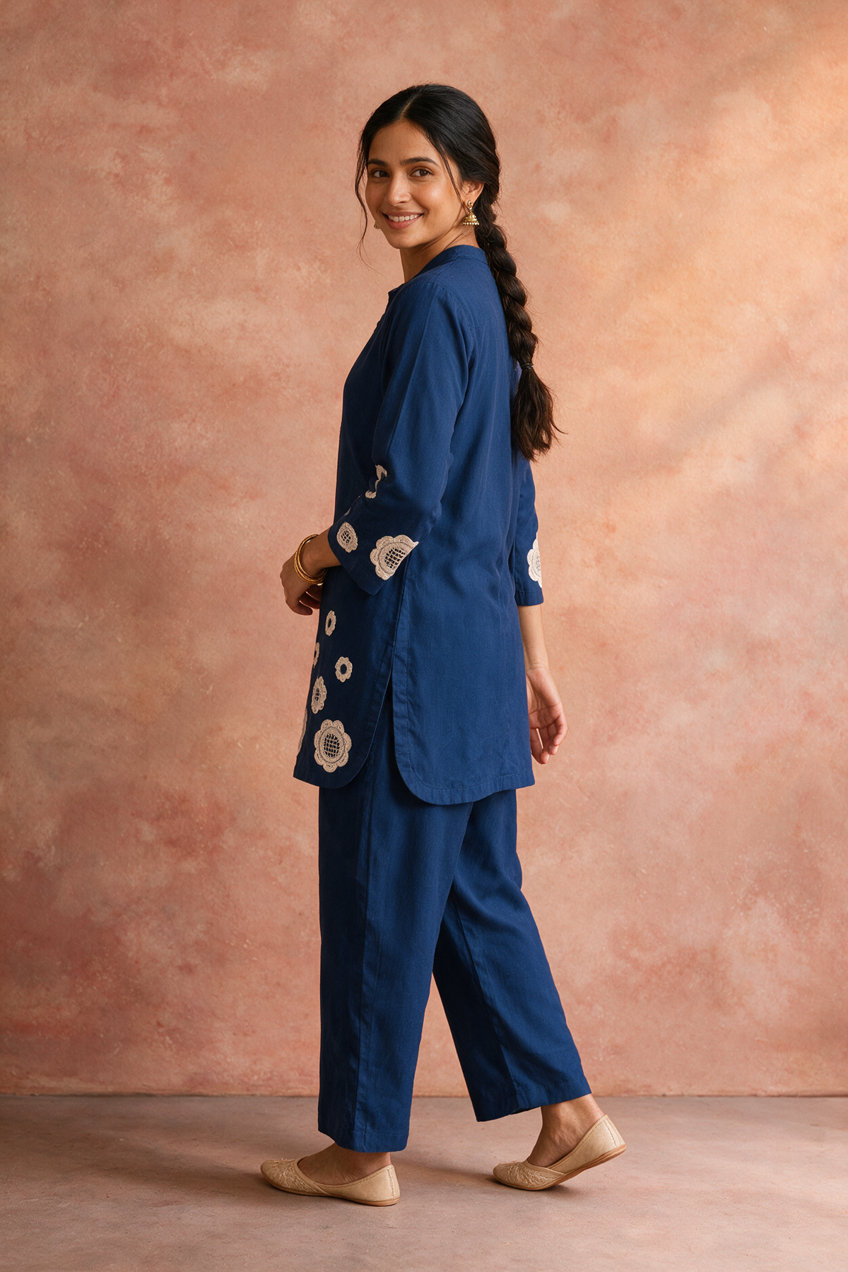 Navy Blue Appliqué Khadi Cotton Kurta/Co-ord Set