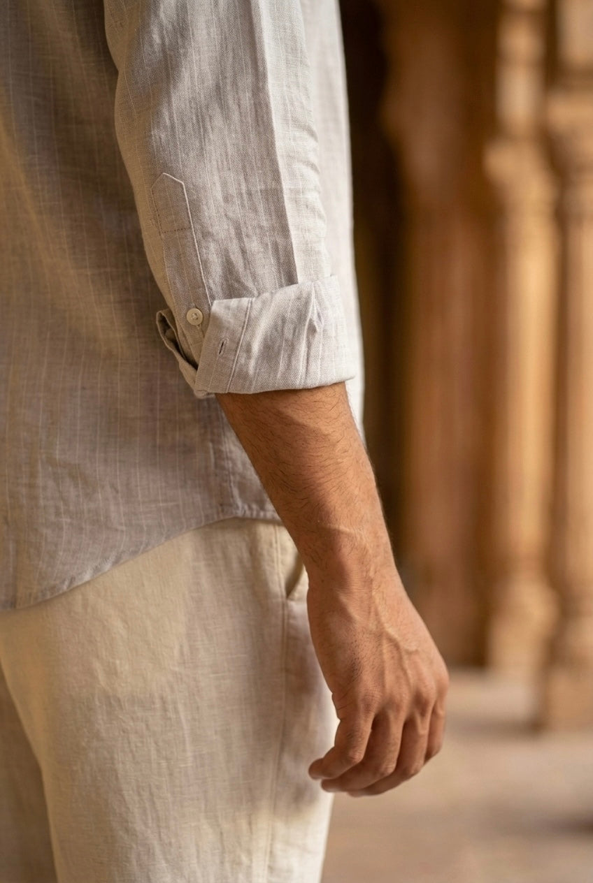Men’s Off-White Striped Pure Linen Full Sleeves Shirt