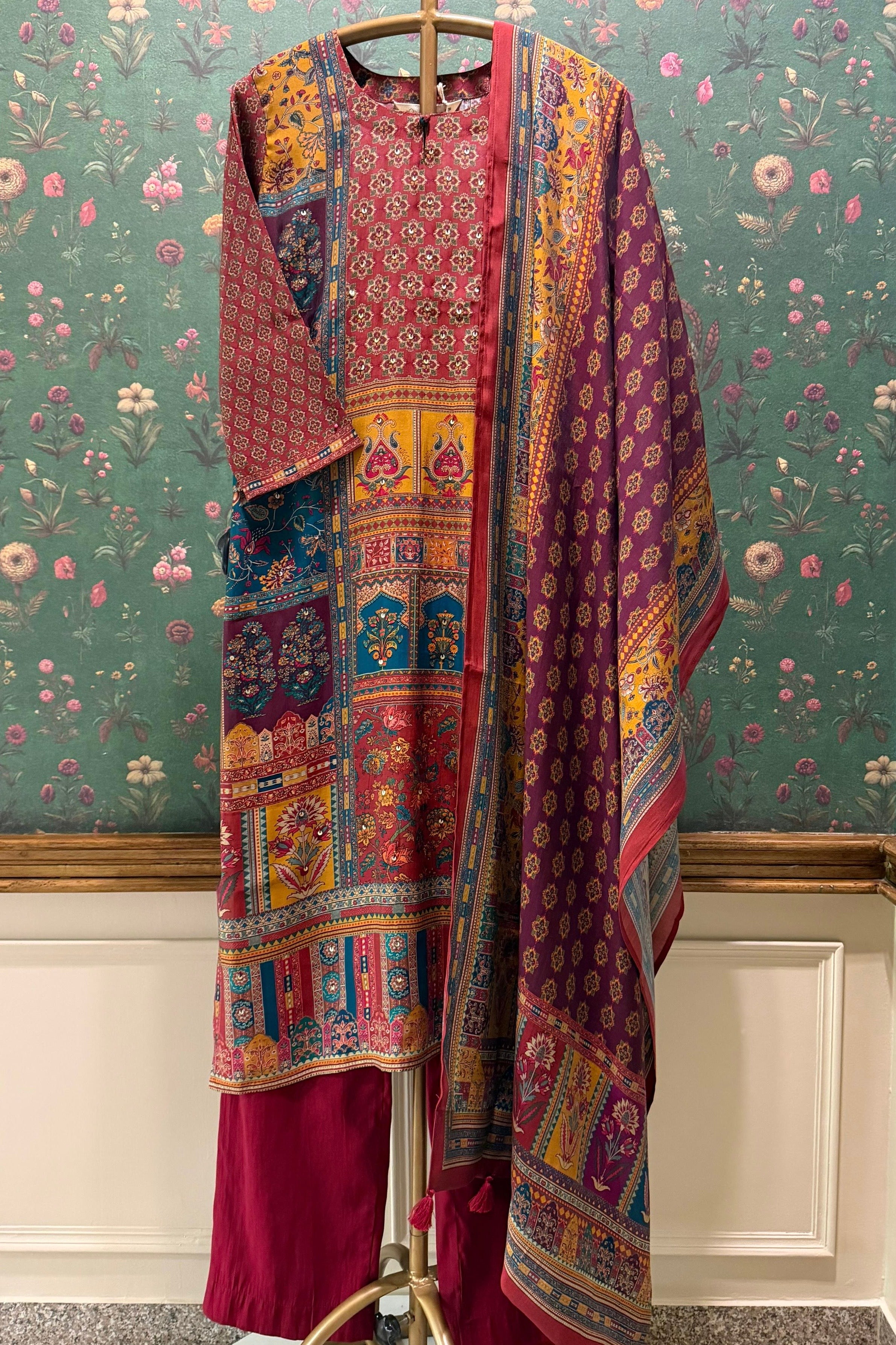 Aurelia Maroon Multicolor Muslin Suit Set | HER-569
