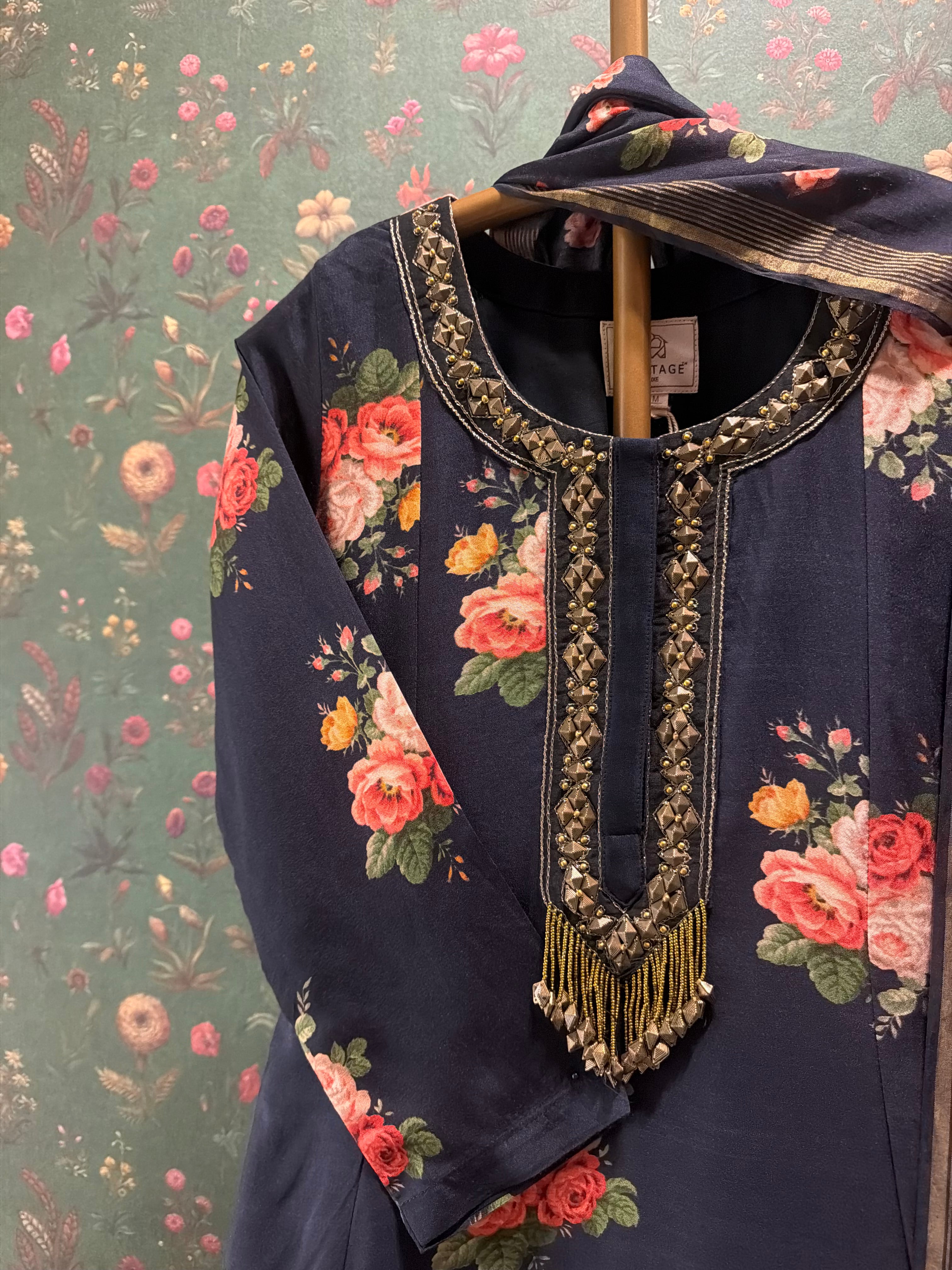 Twilight Black Floral Chanderi A-Line Suit Set x Celina | HER-607