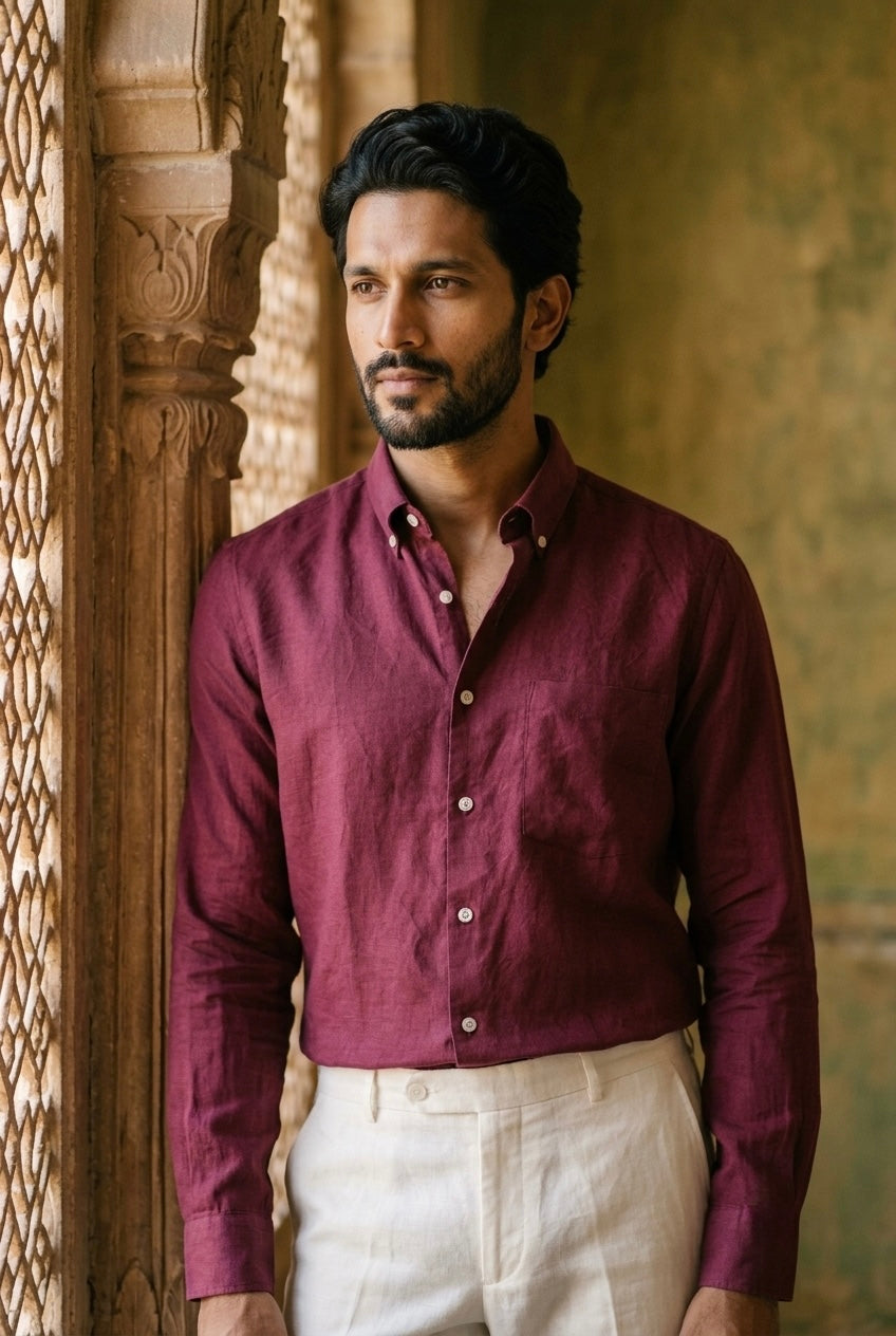 Men’s Wine Pure Linen Full Sleeves Shirt