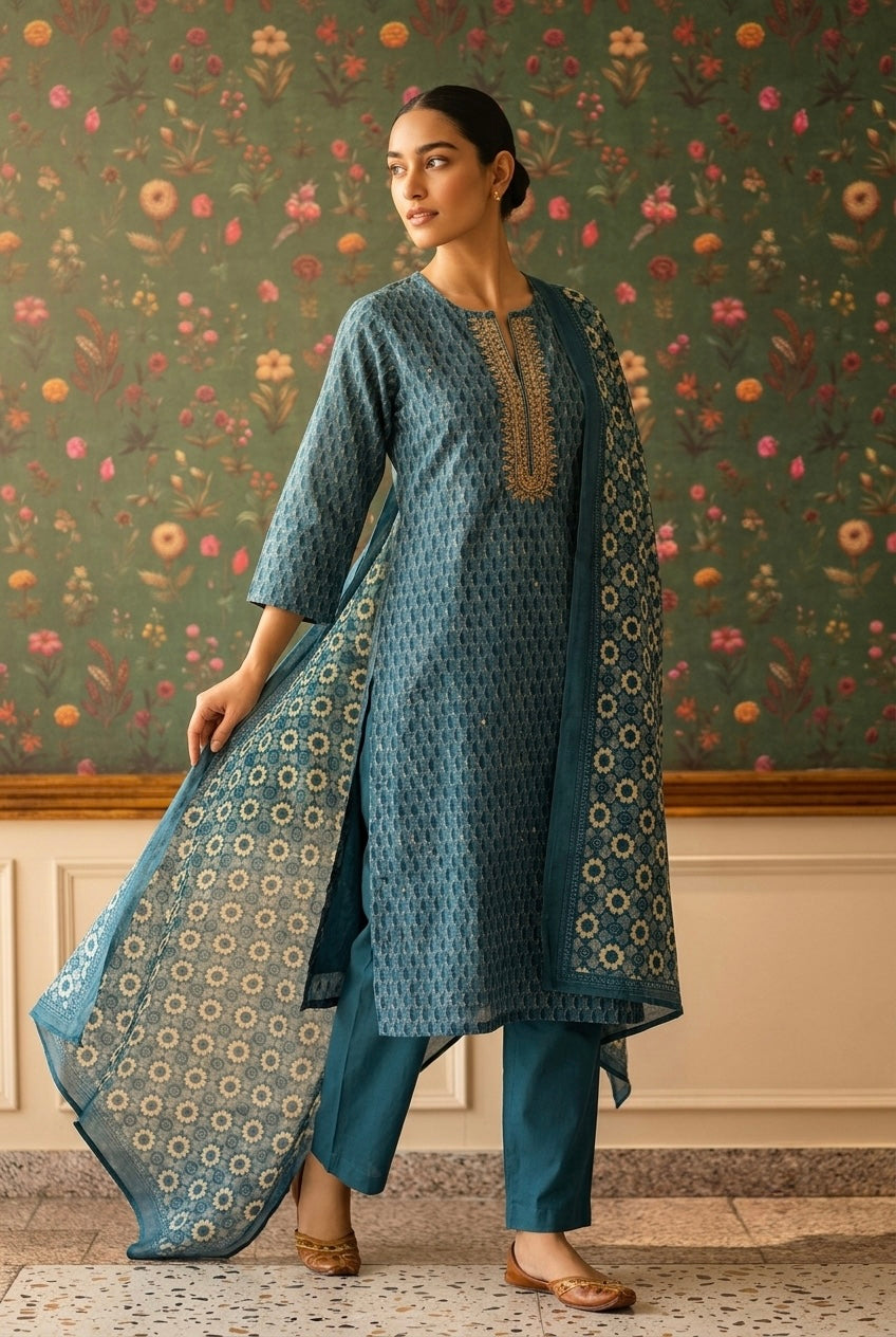 Teal Blue Printed Chanderi Suit Set with Zari | HER-397