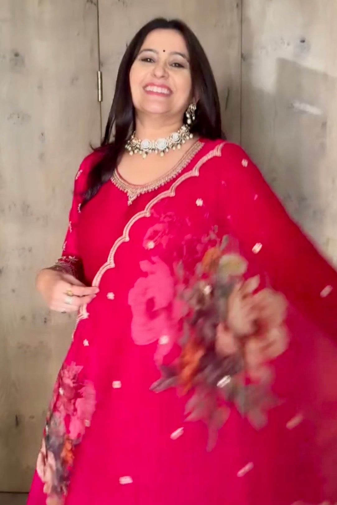 Ruhani Fuchsia Pink Satin Silk Suit Set with Golden Embroidery & Floral Organza Dupatta | HER-560