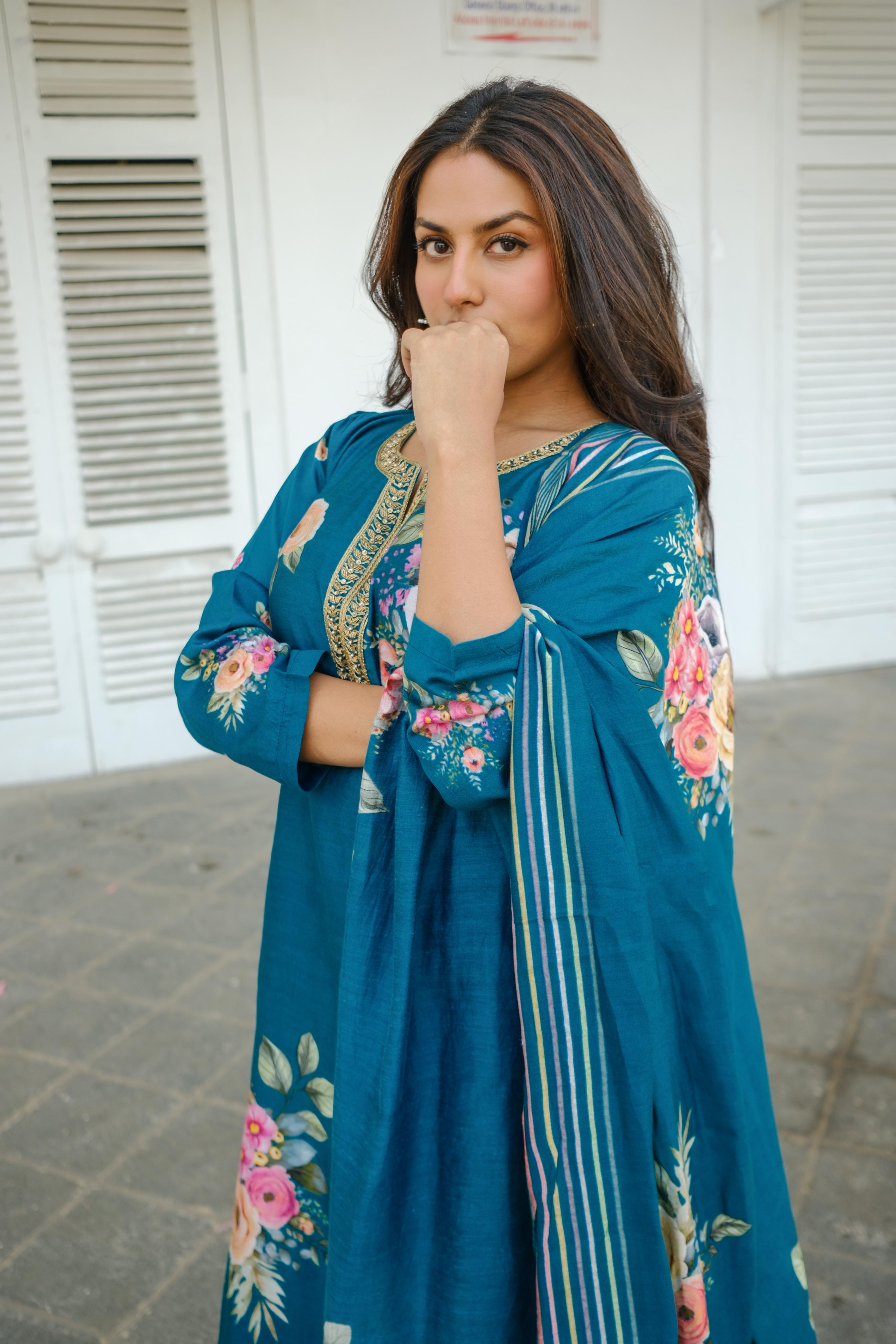 Emerald Teal Blue Floral Chanderi Suit Set x Celina | HER-606