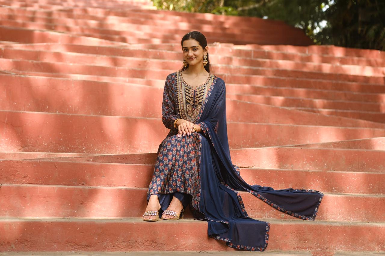 Blue Ajrakh A-Line Chanderi Silk Suit Set | HER-635 x Prachi