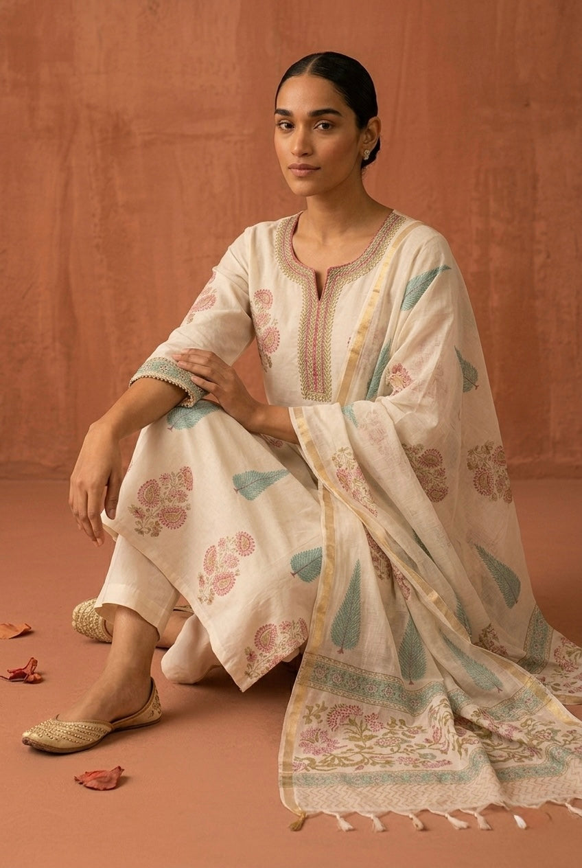 Ivory White Floral Printed Chanderi Suit Set | HER-757