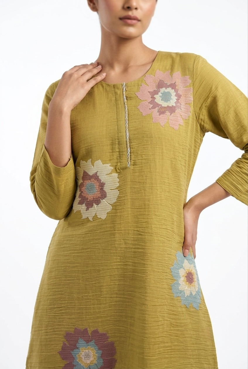 Meadow Bloom Handcrafted Co-ord Set, Lime Green | HER-623