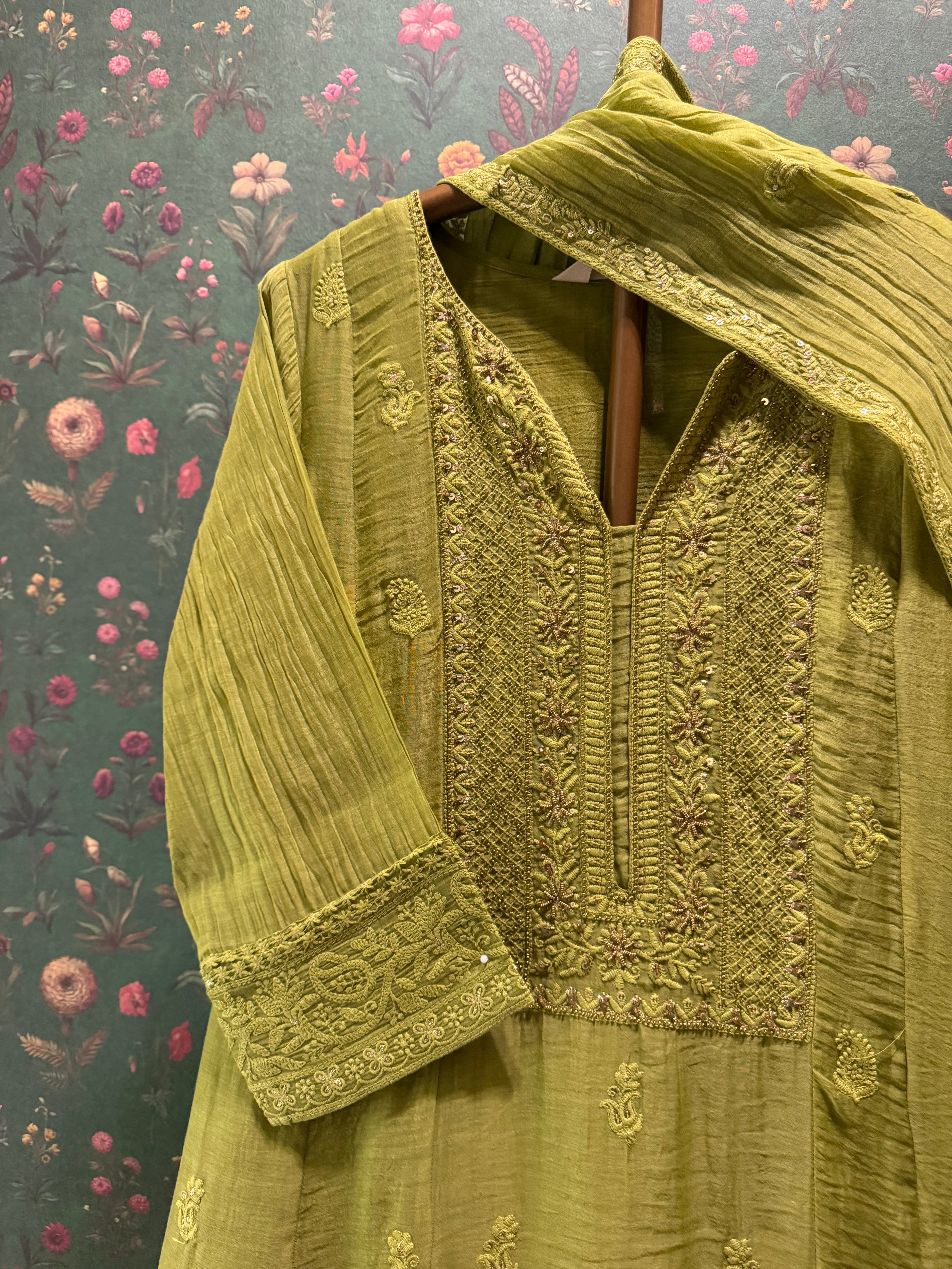 Mehndi Green Chikankari A-Line Mul Chanderi Suit Suit Set | HER-627