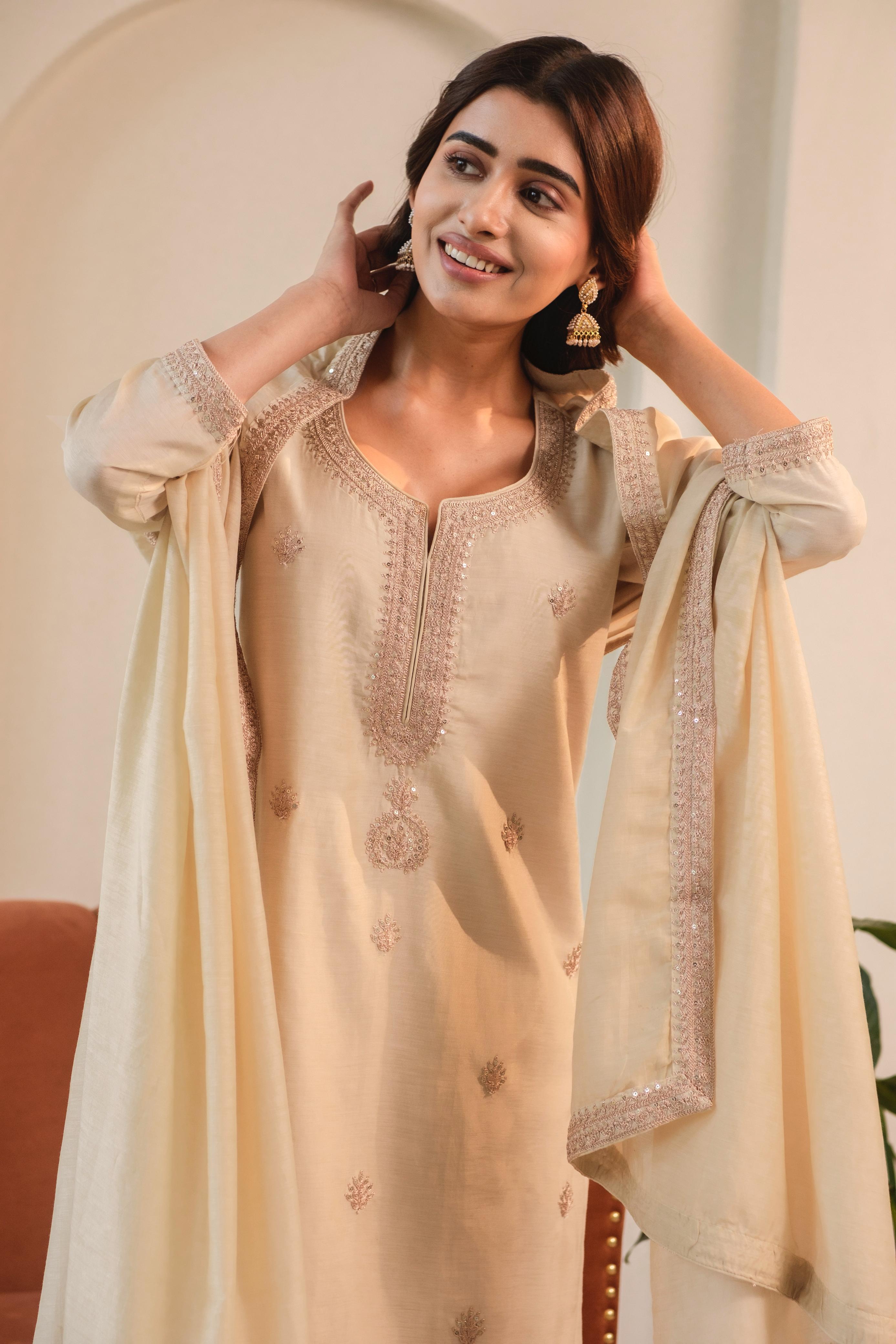 Aafreen Beige Mul Chanderi Embroidered Suit Set | HER-543