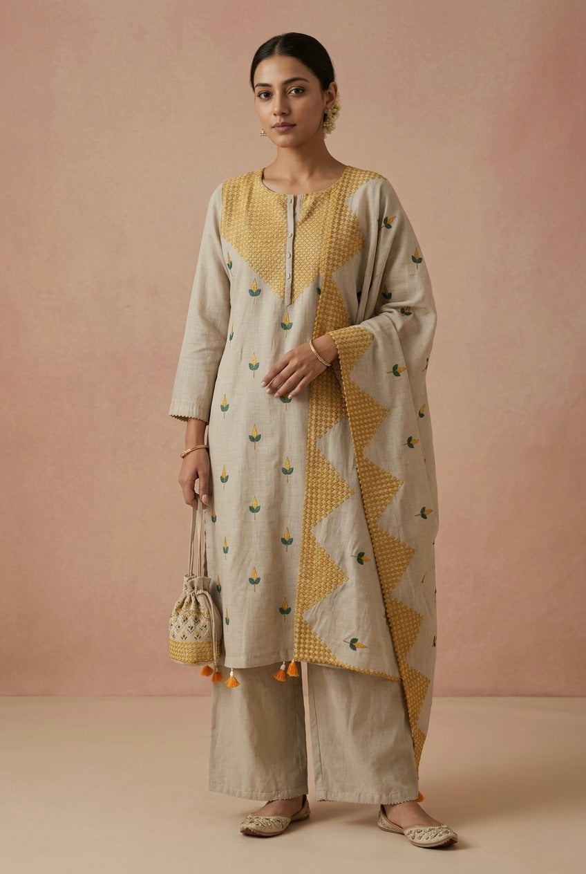 Ivory Beige and Mustard Yellow Embroidered Pure Chanderi Suit Set