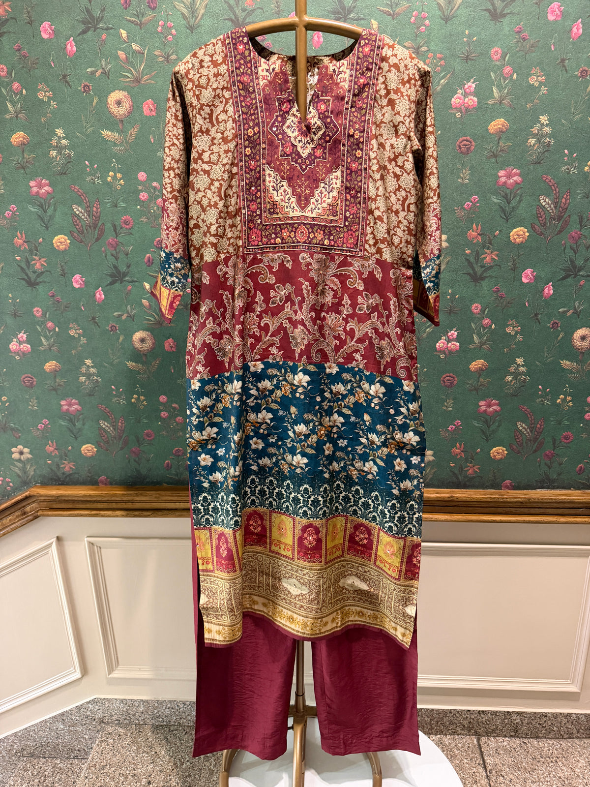 Maroon Printed Soft Silk Suit Set