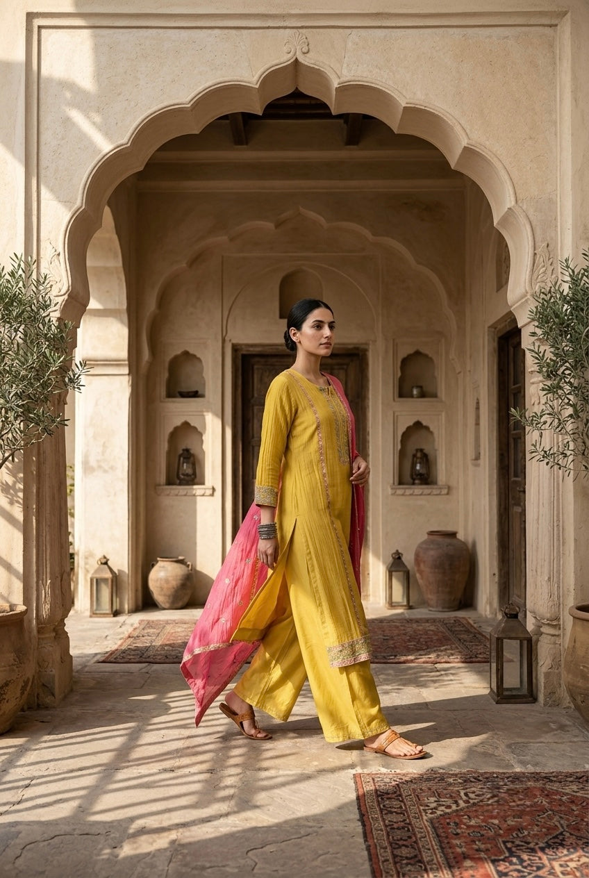 Mustard Yellow Mul-Chanderi Embroidered Suit Set
