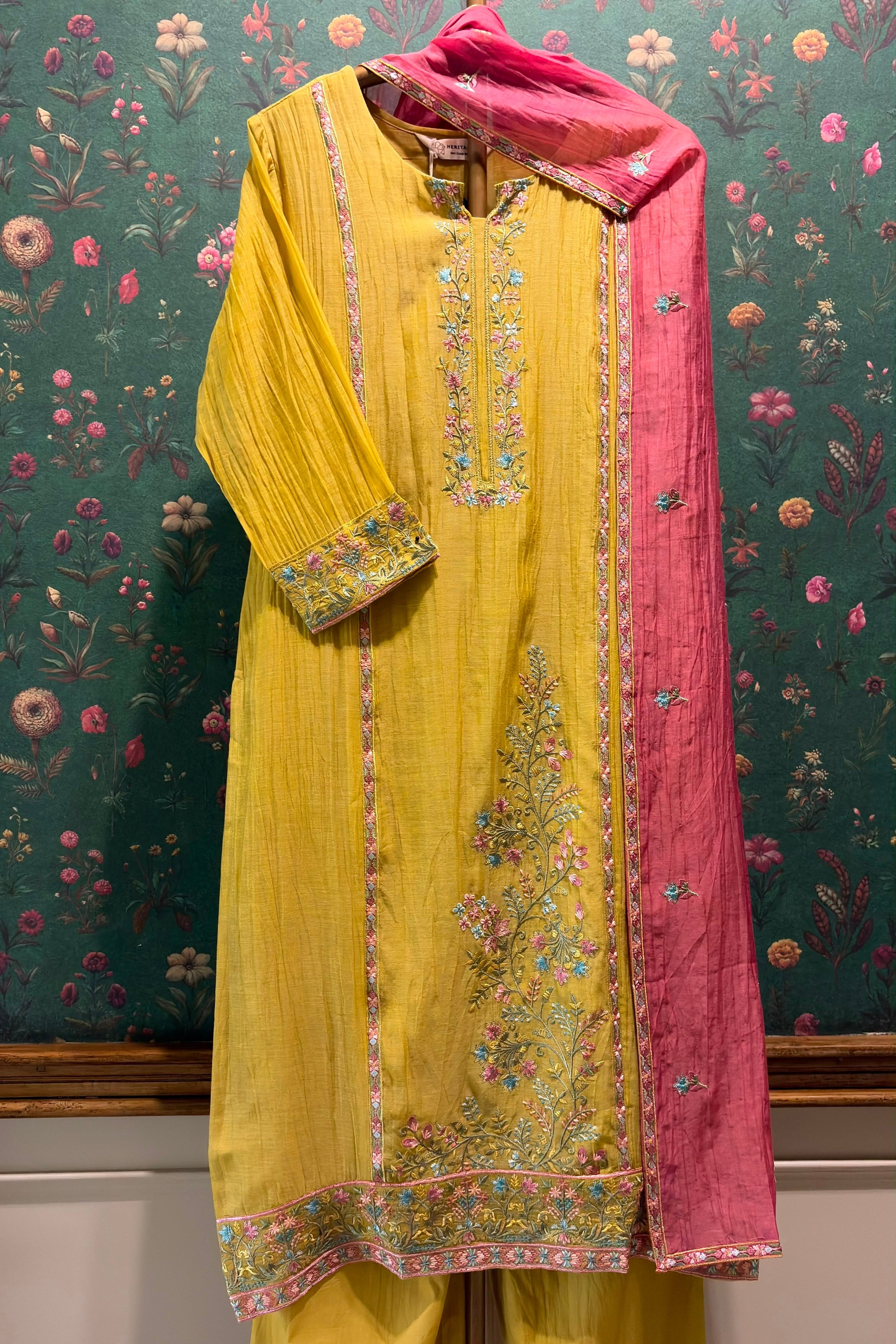 Mustard Yellow Mul-Chanderi Embroidered Suit Set | HER-780