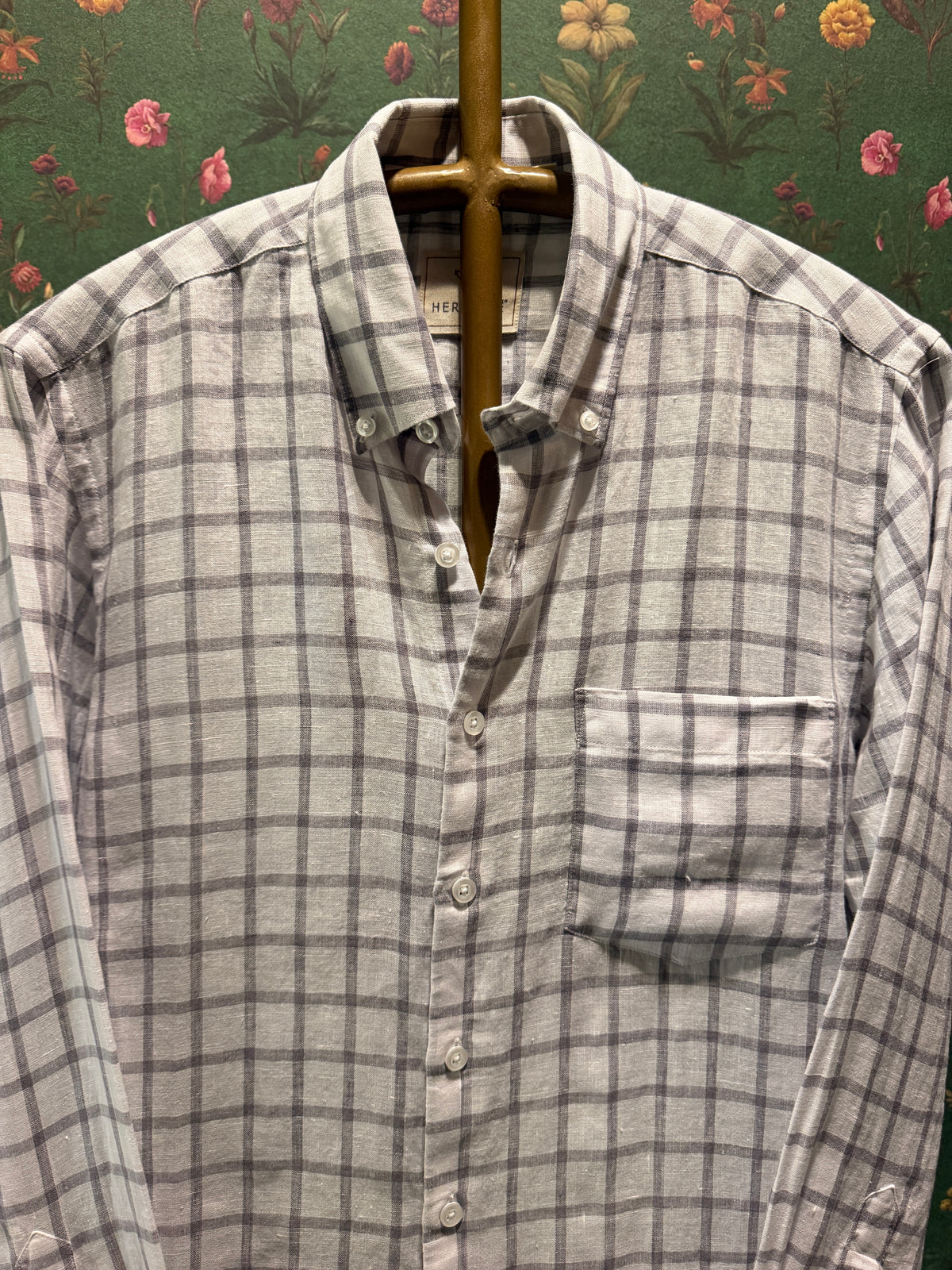 Men’s Ivory Grey Check Pure Linen Full Sleeves Shirt