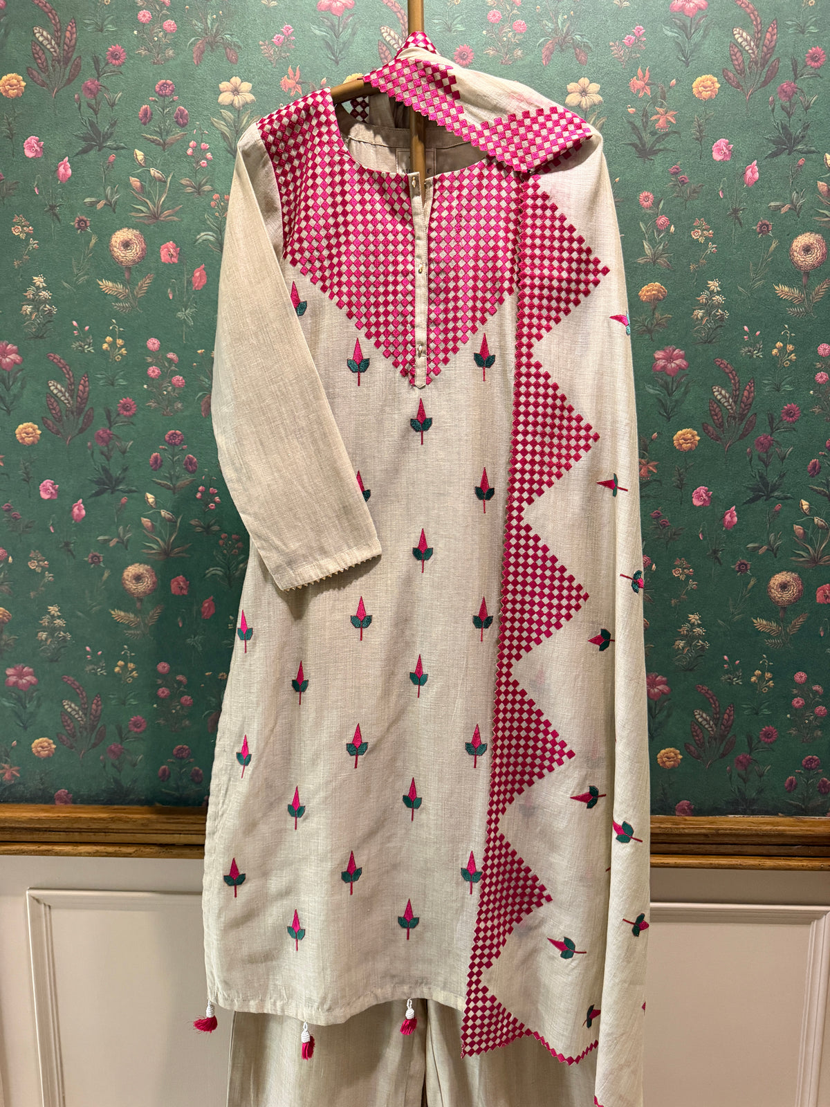 Ivory Beige and Pink Embroidered Pure Chanderi Suit Set
