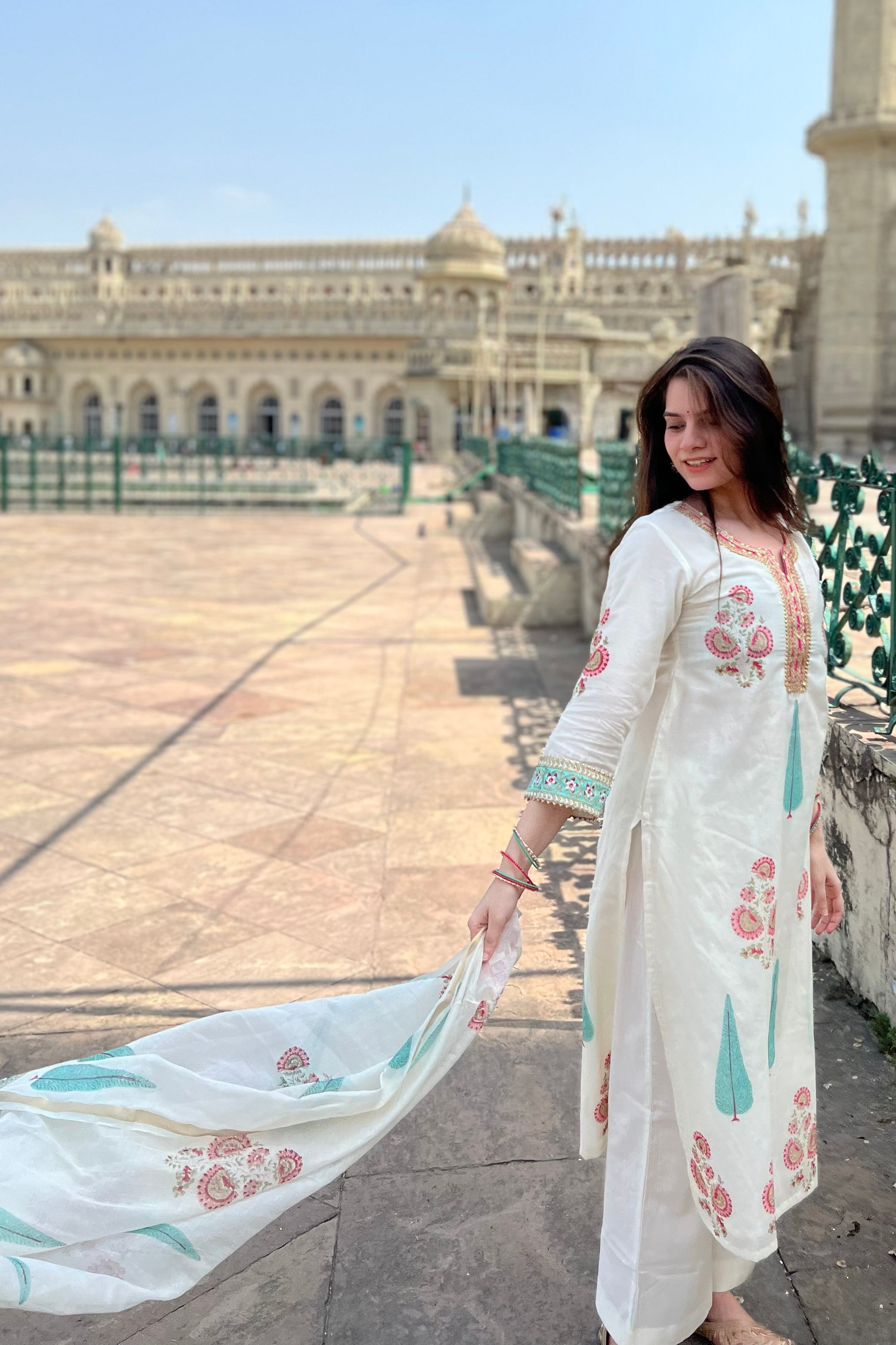 Ivory White Floral Printed Chanderi Suit Set | HER-757