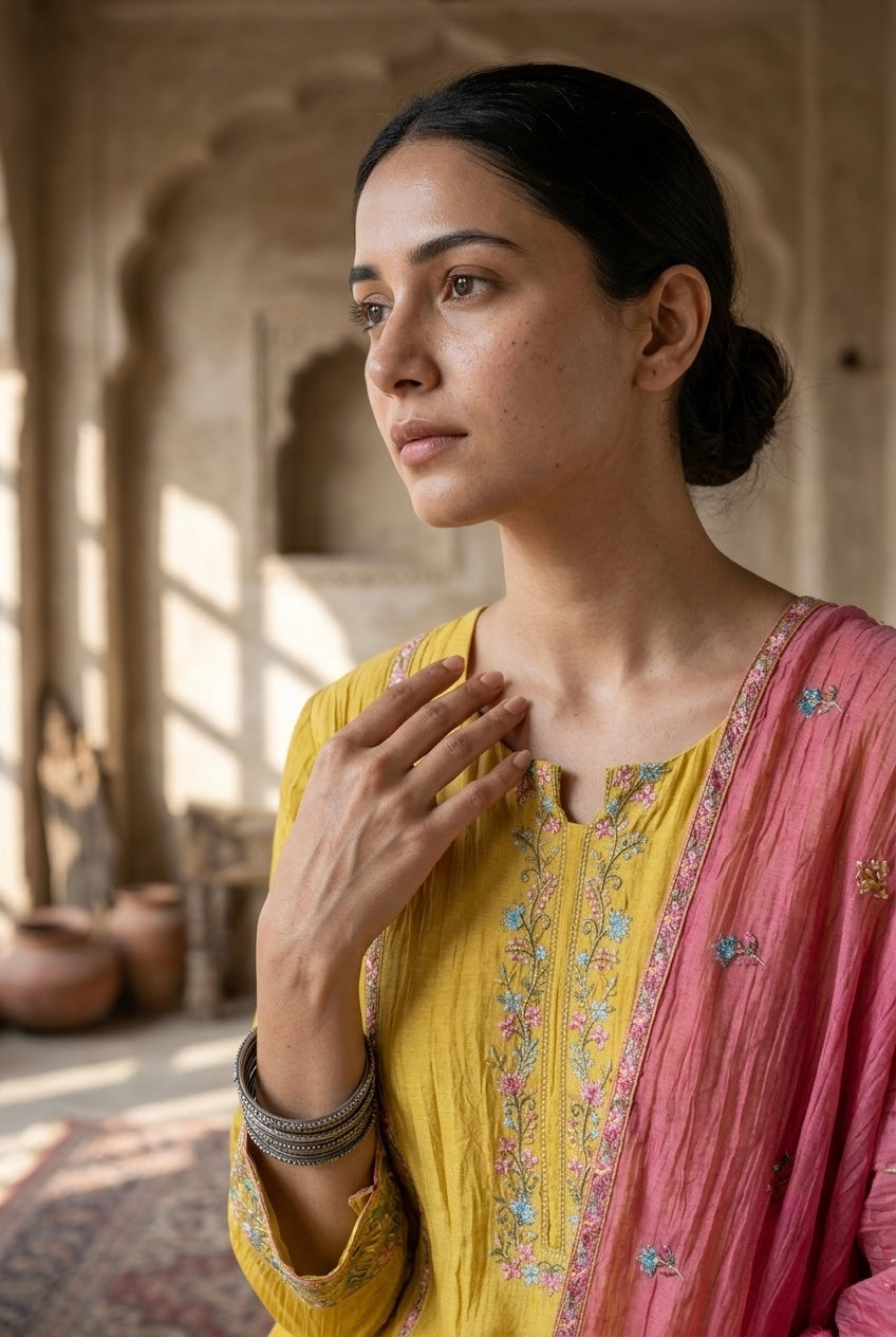 Mustard Yellow Mul-Chanderi Embroidered Suit Set