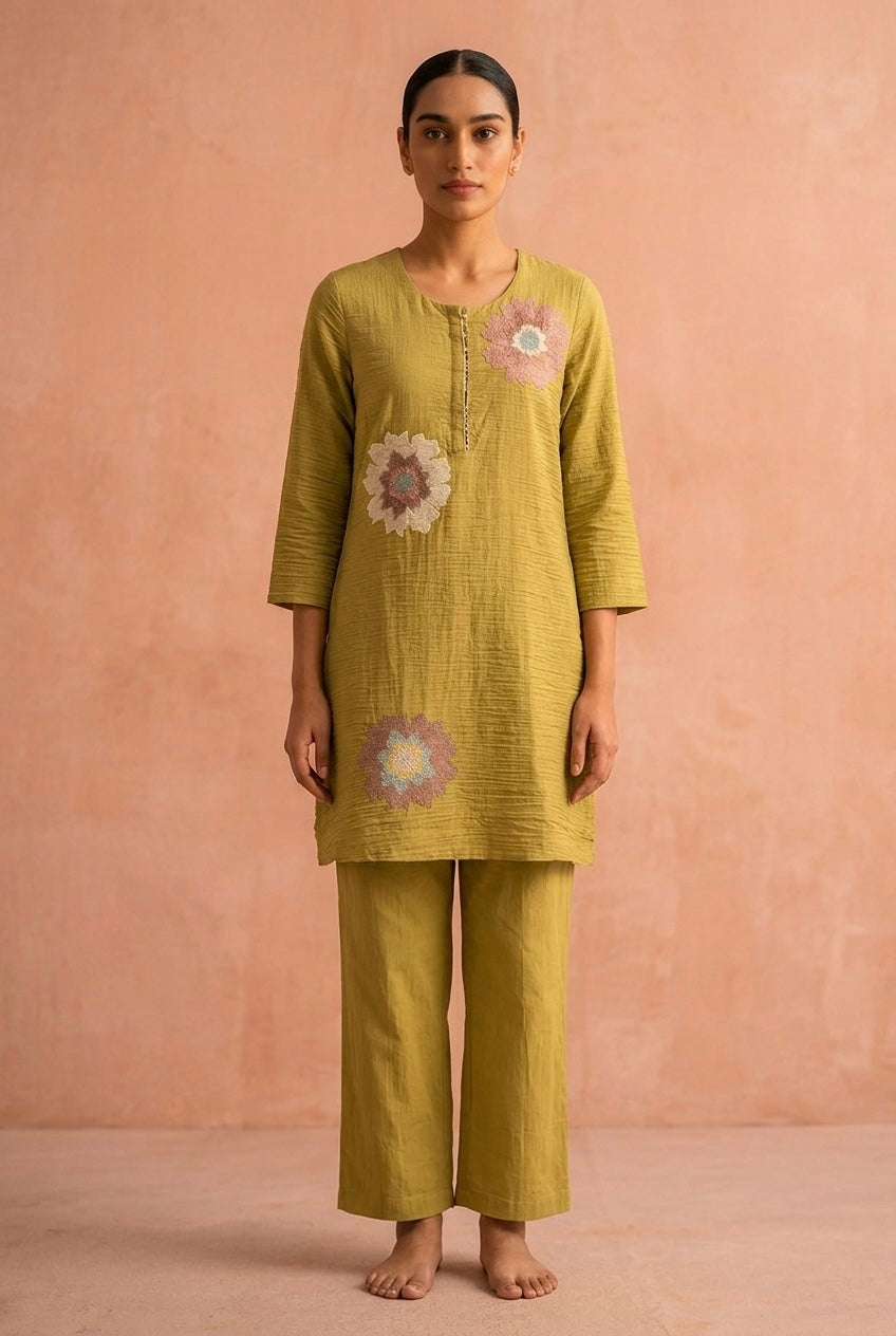 Meadow Bloom Handcrafted Co-ord Set, Lime Green | HER-623