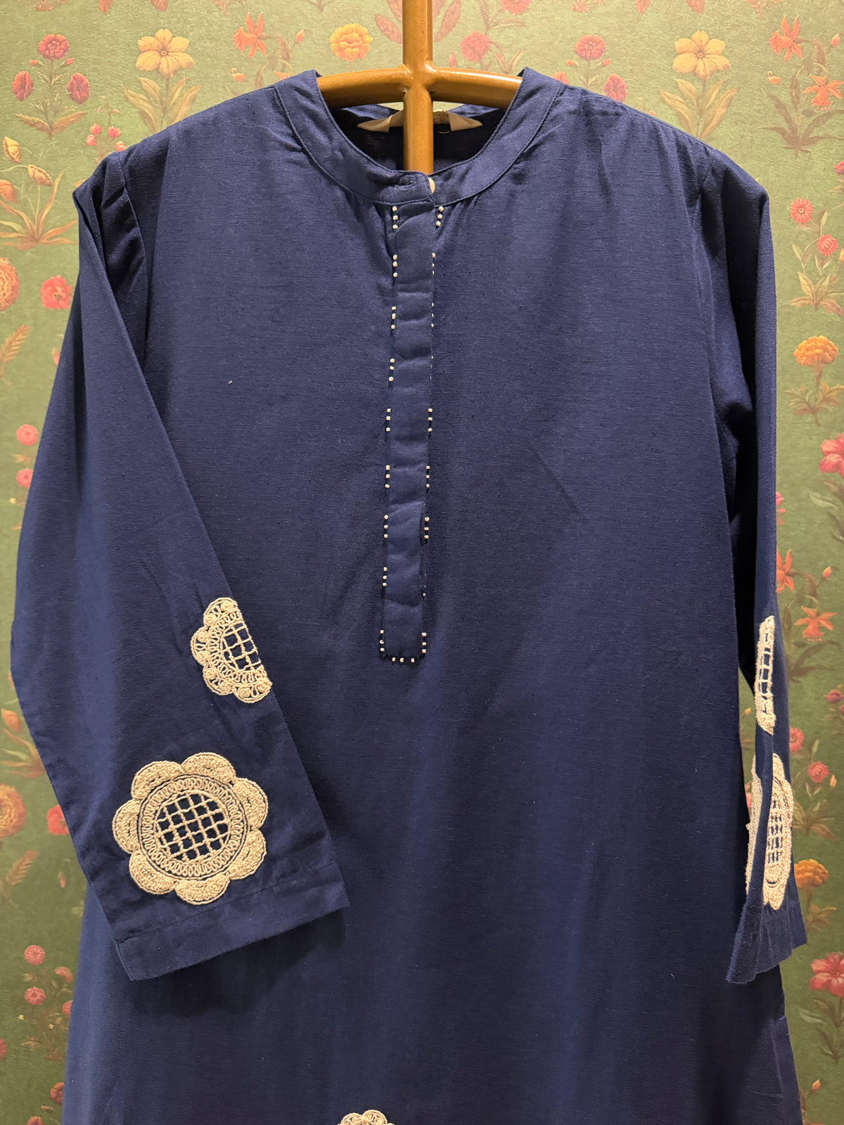 Navy Blue Appliqué Khadi Cotton Kurta/Co-ord Set