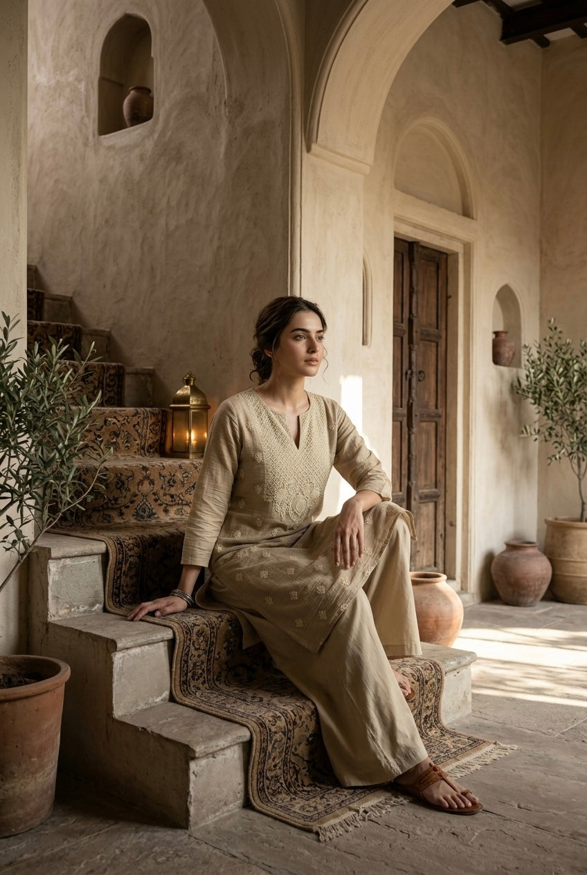 Sand Beige Mul-Chanderi Kurta Set