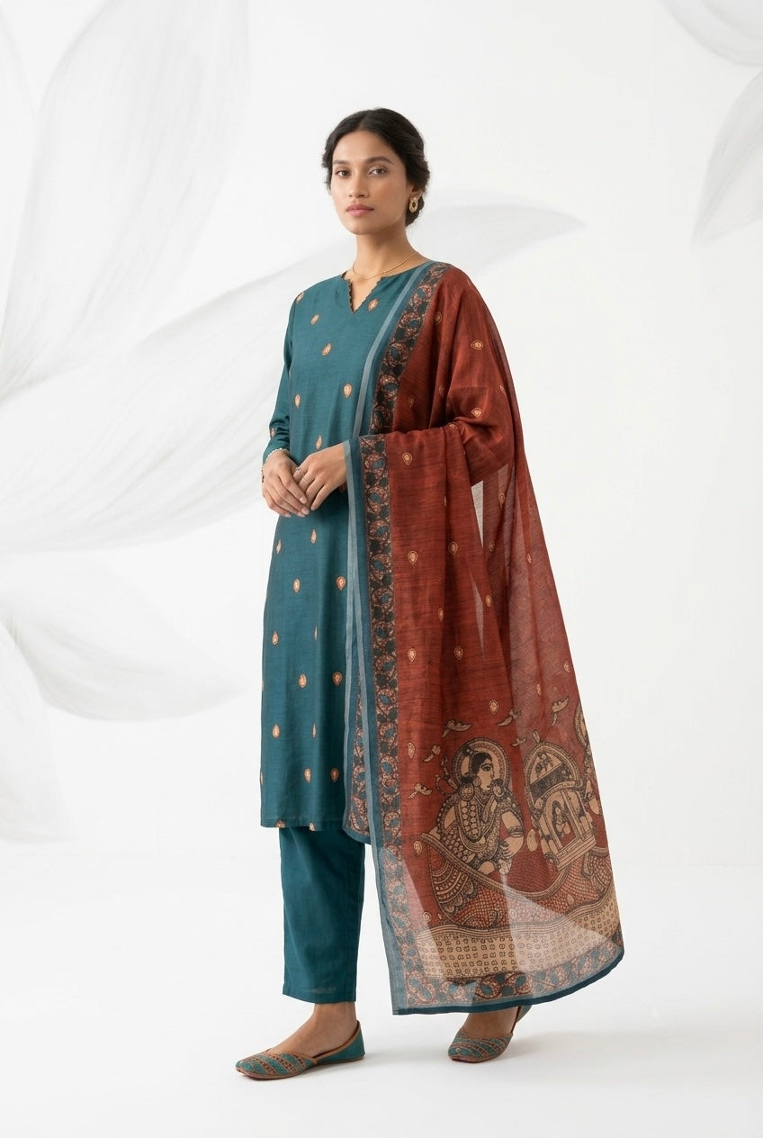 Teal Blue Madhubani Cotton Suit Set | HER-642