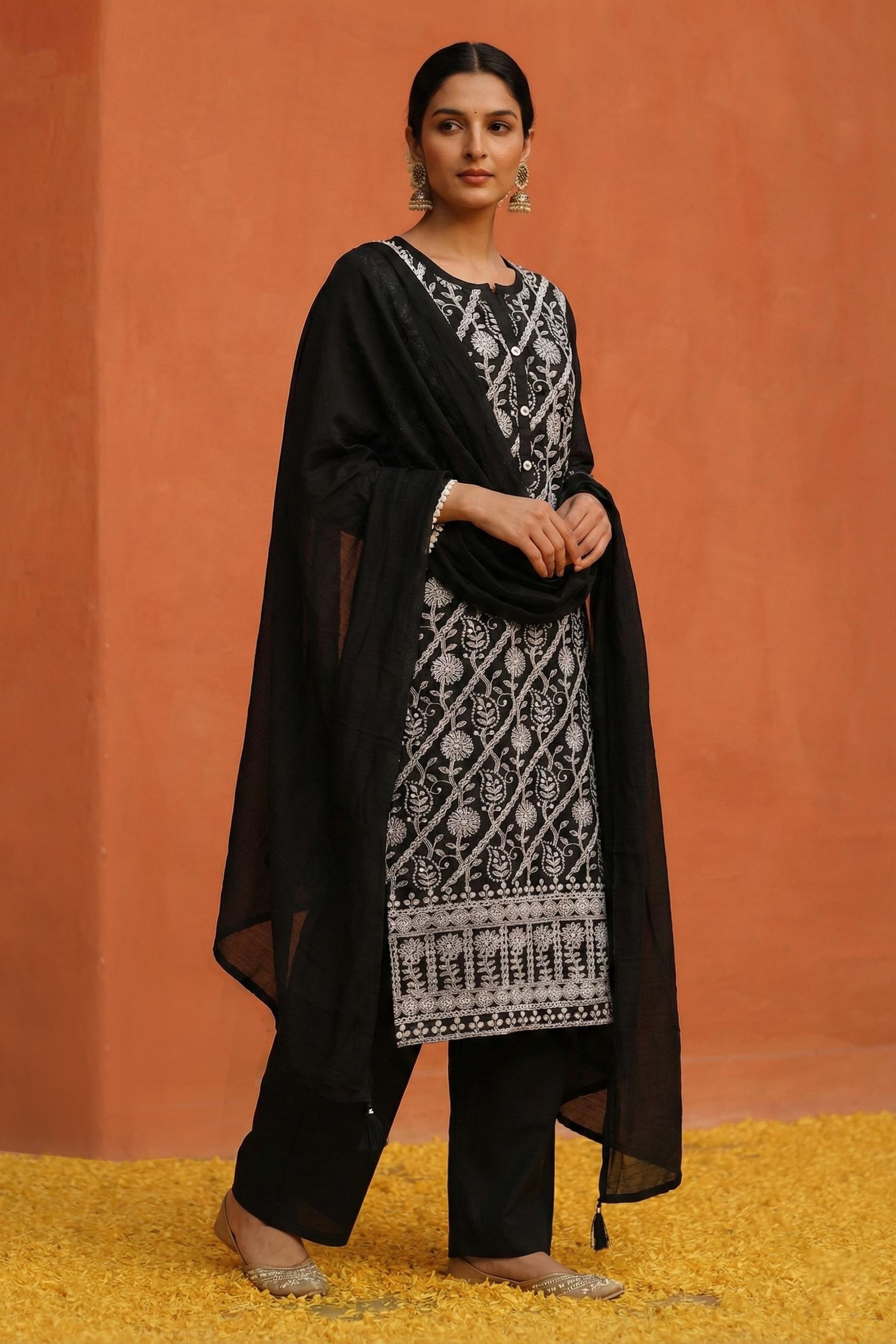 Noir Black Cotton Suit Set with Floral Embroidery