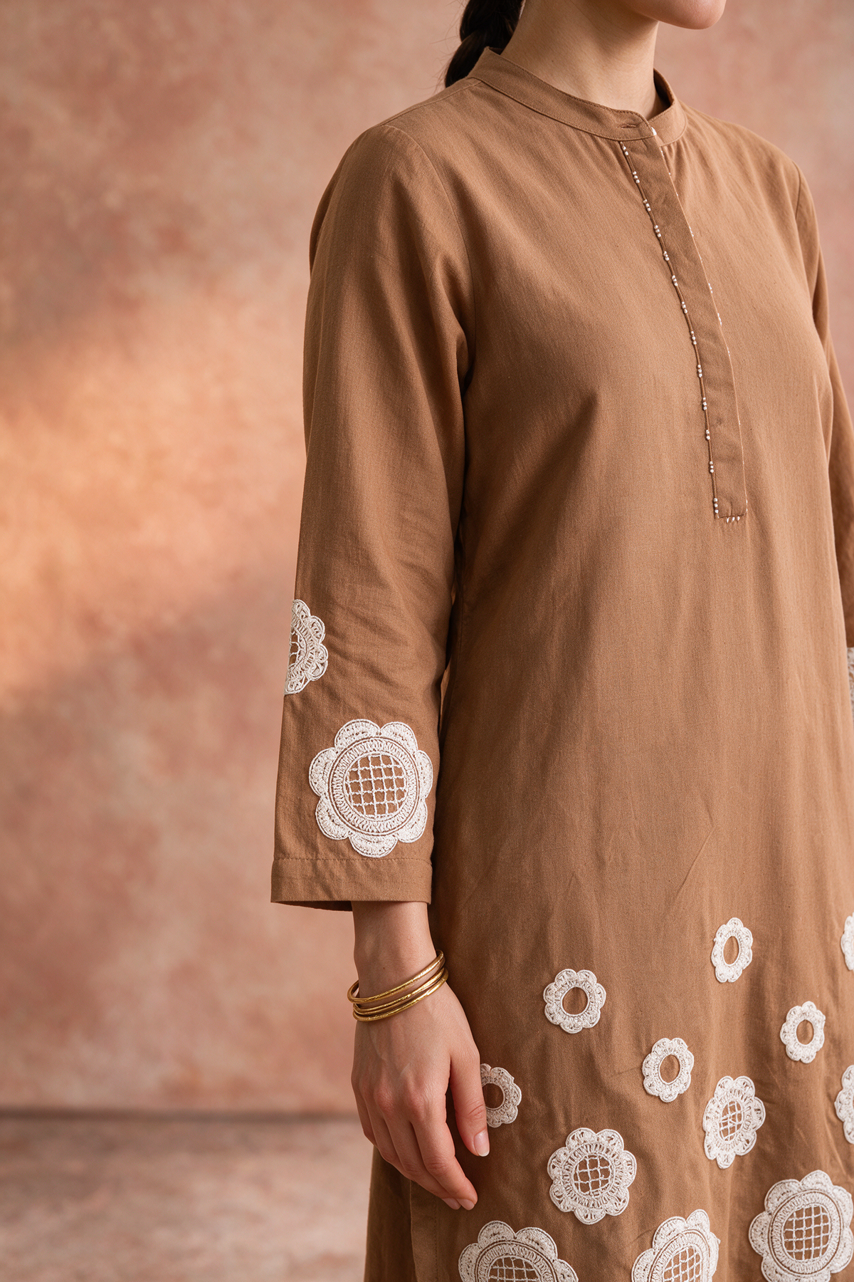 Warm Camel Brown Appliqué Khadi Cotton Kurta/Co-ord Set