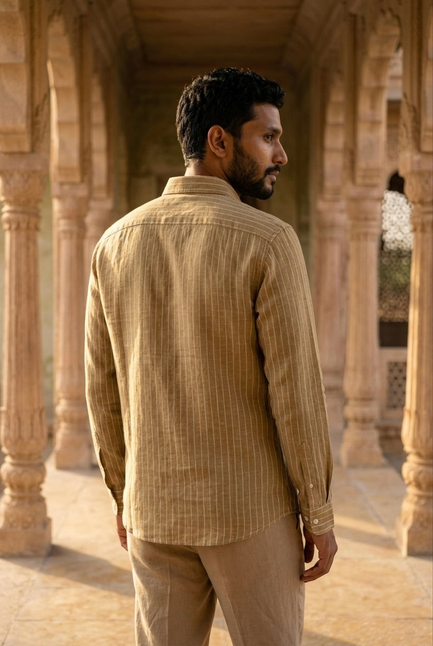 Tan Stripe Men’s Pure Linen Full Sleeves Shirt