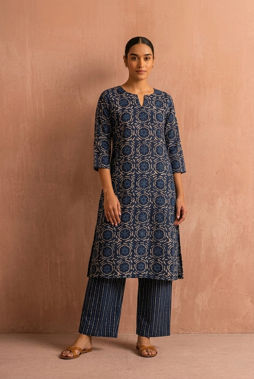 Indigo Blue Medallion Printed Cotton Suit Set | HER-733