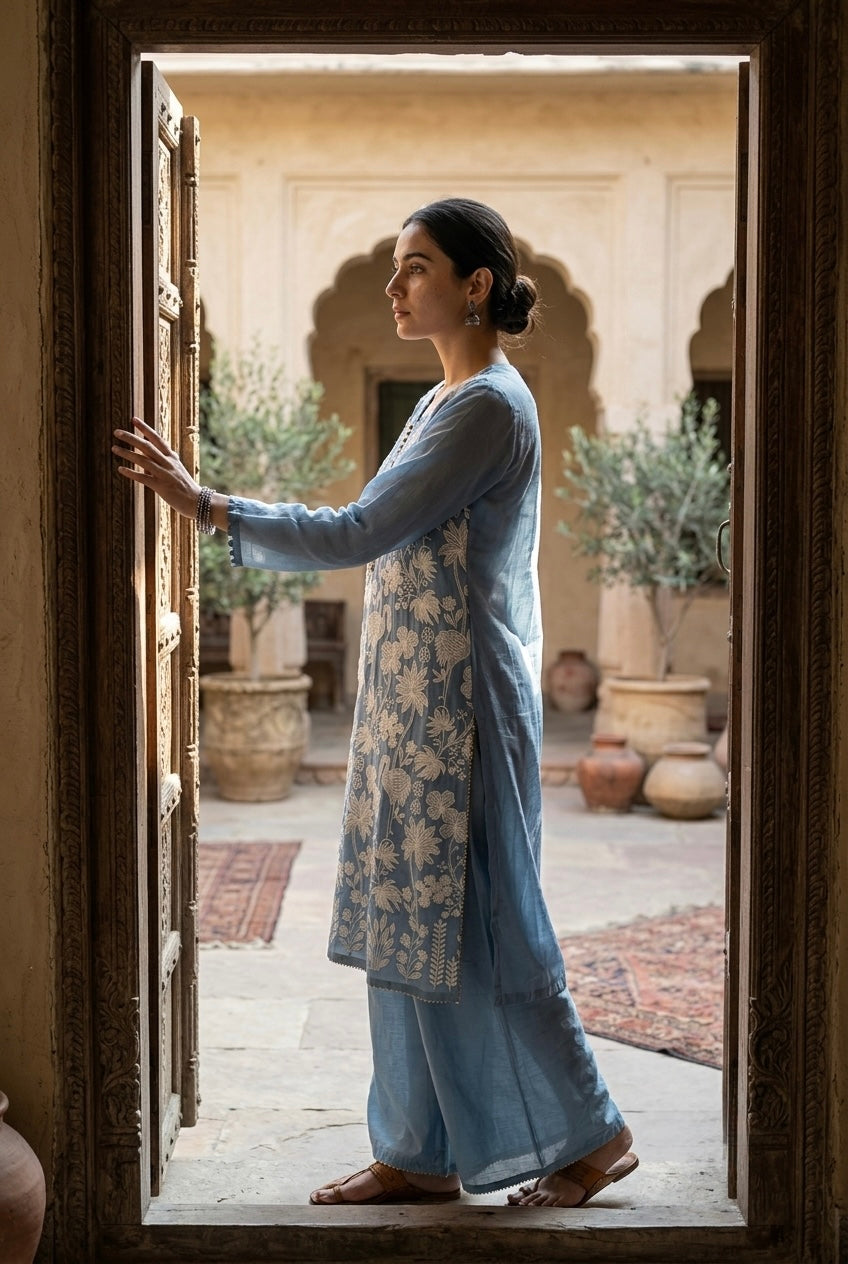 Powder Blue Floral Crane Embroidered Suit Set