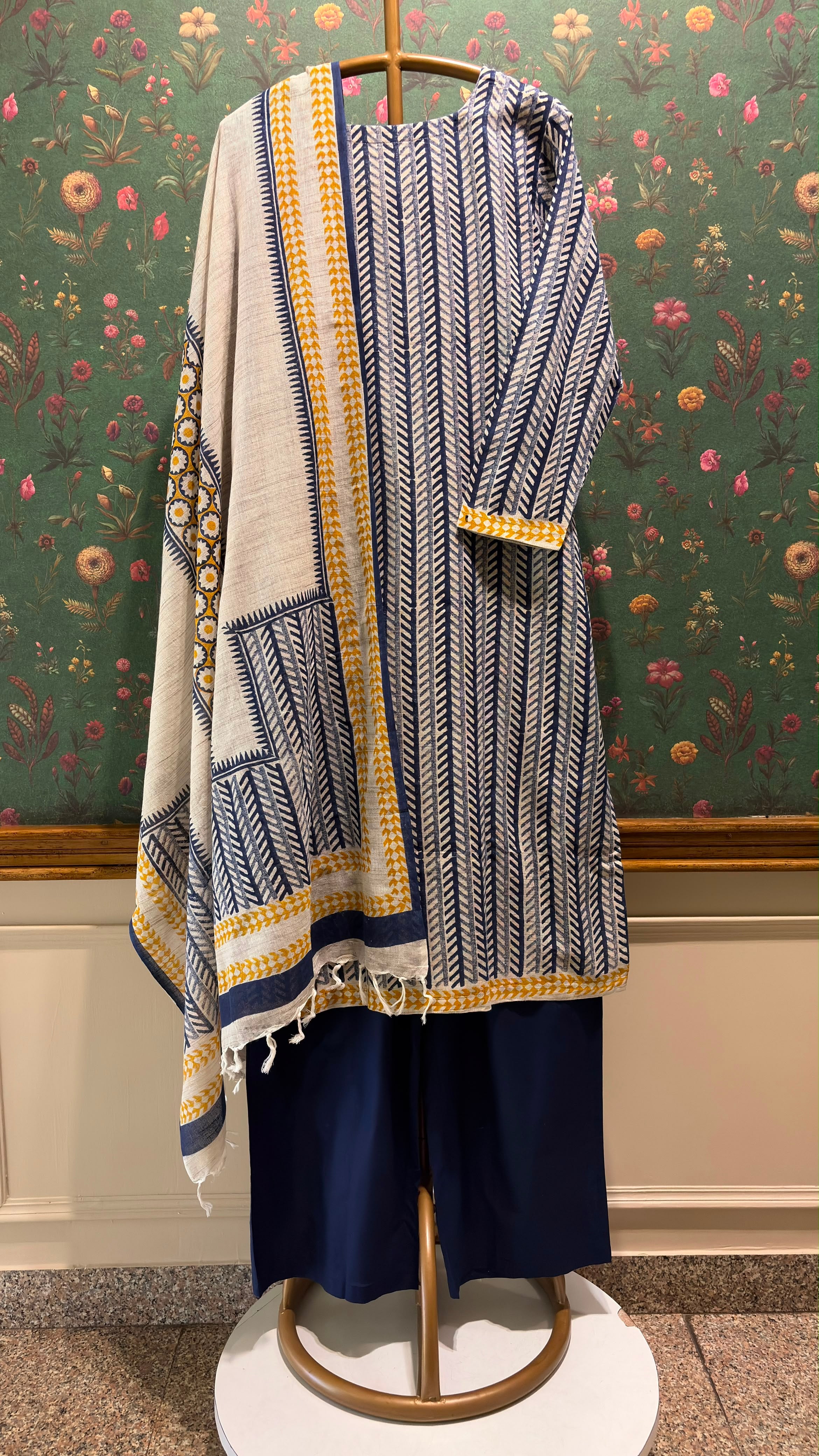 Indigo Mustard Handblock Printed Linen Suit Set