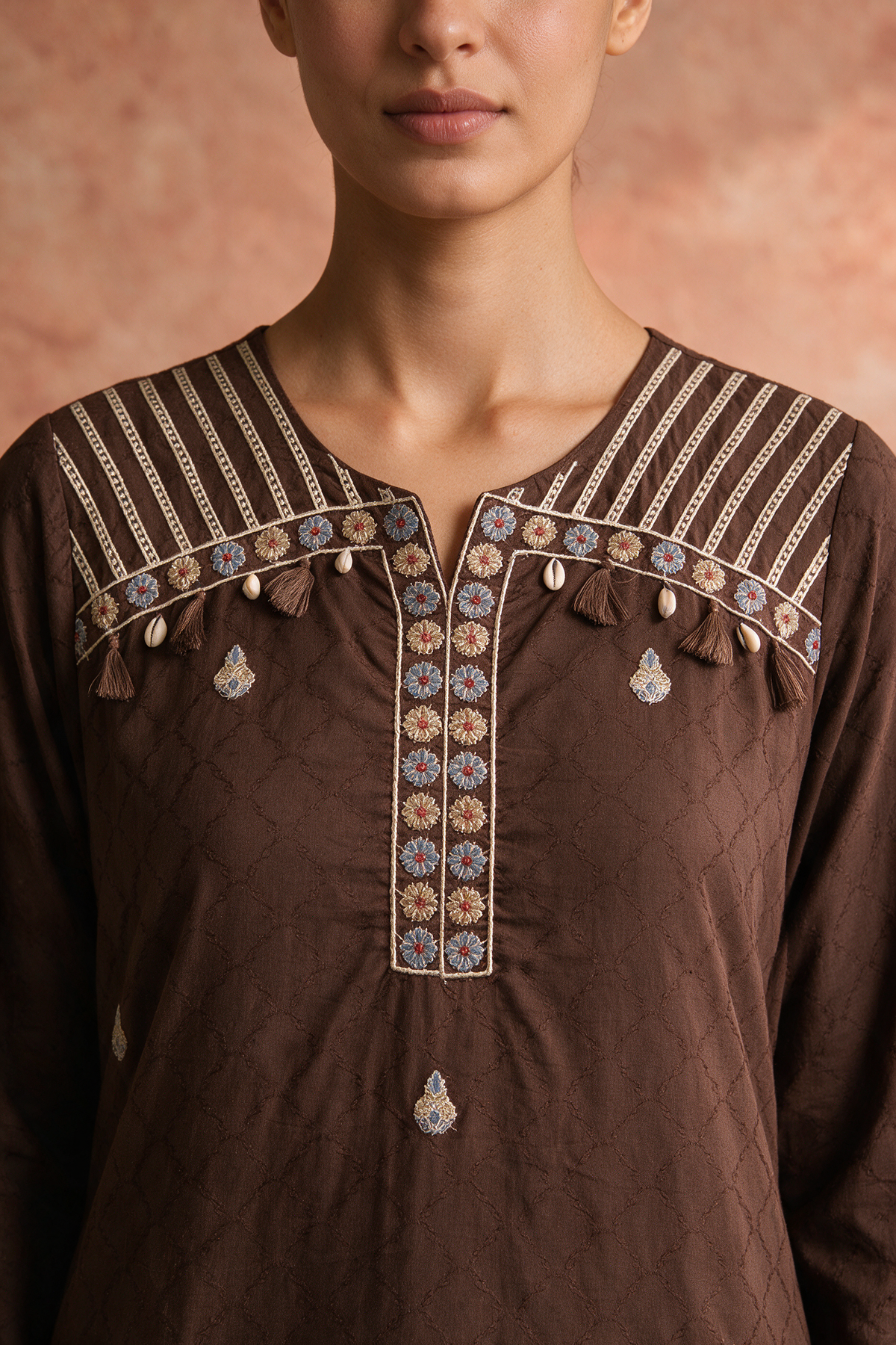 Chocolate Brown Embroidered Pure Cotton Suit Set