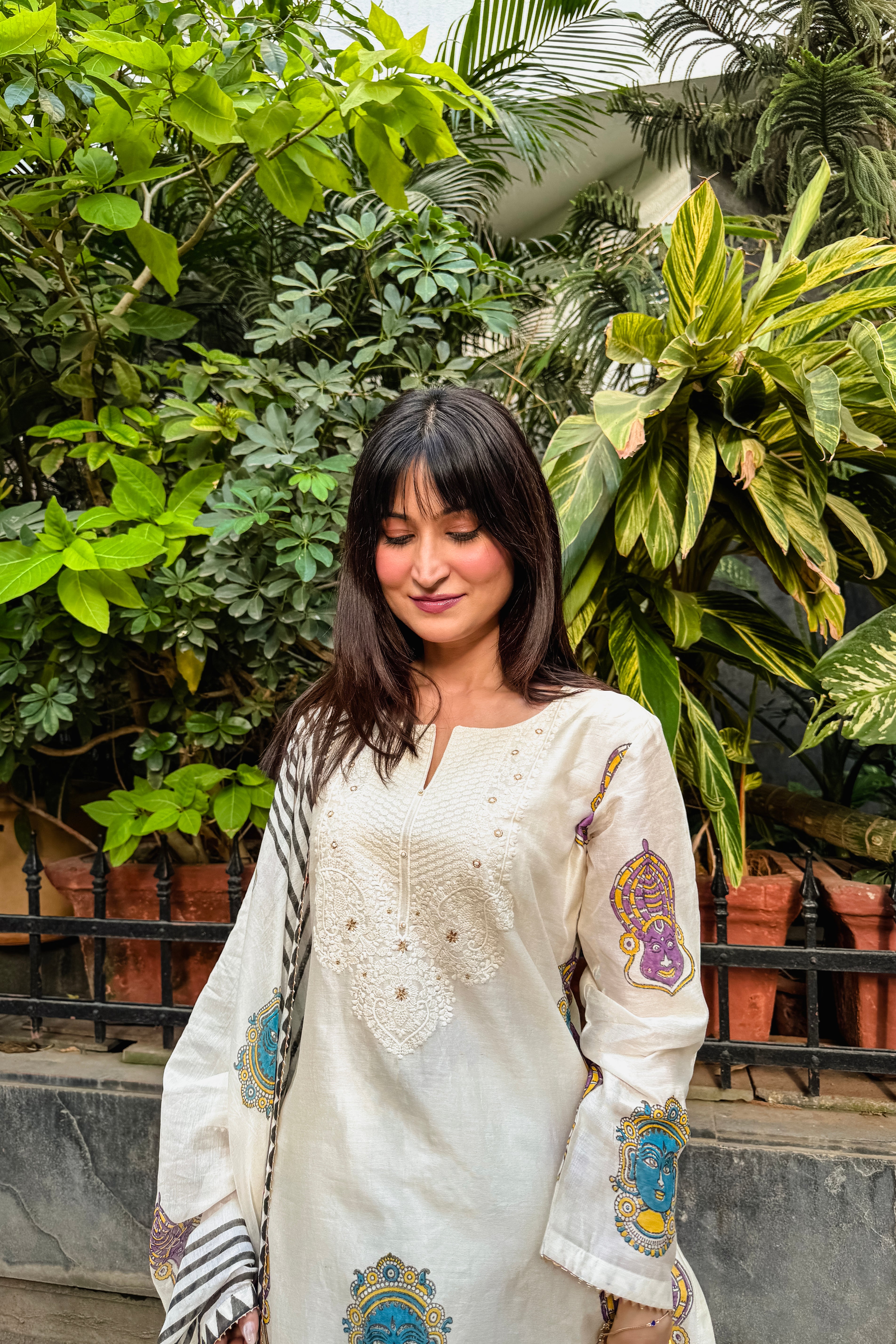 Handcrafted Ivory Printed Chanderi Long Suit Set x Noorin Sha | HER-611