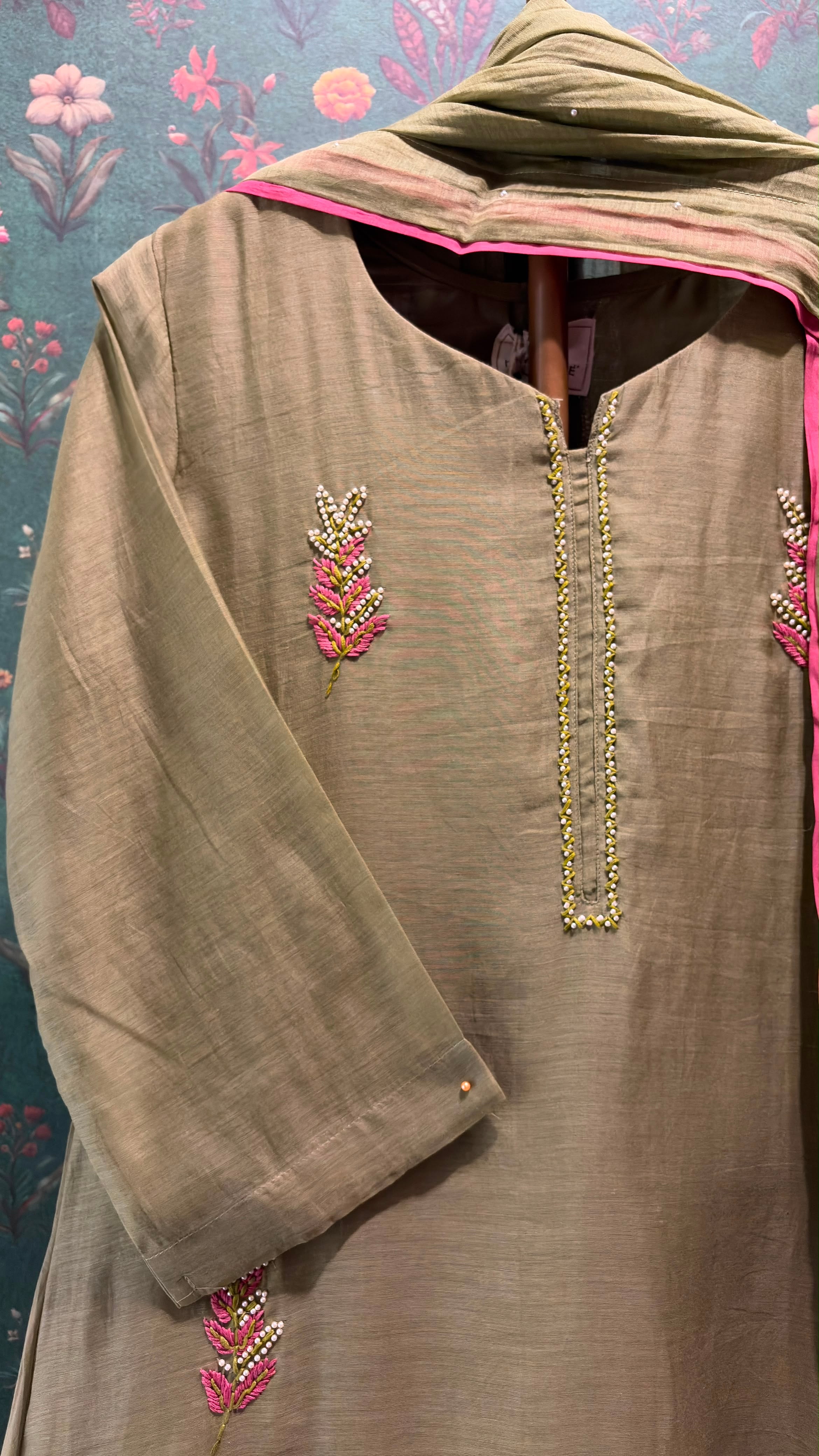 Olive Green Embellished Mul Chanderi A-Line Suit Set